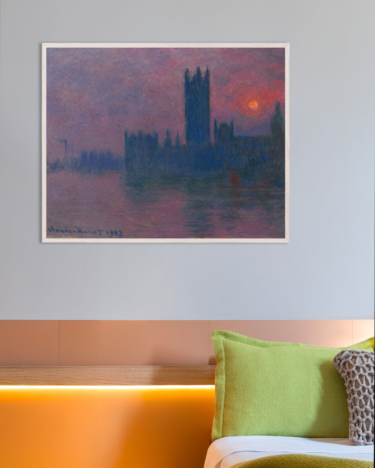 Poster O Parlamento, Sol Poente (1900–1903), de Claude Monet, com moldura de madeira branca