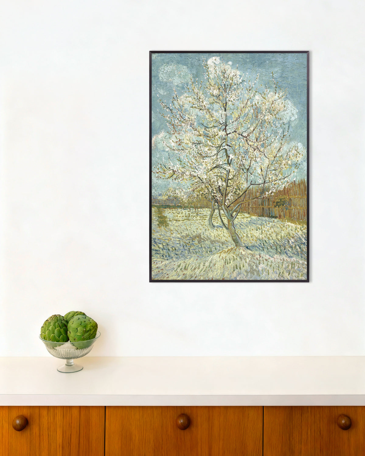 Poster de O Pessegueiro em Flor (1888), de Vincent van Gogh, com moldura metálica
