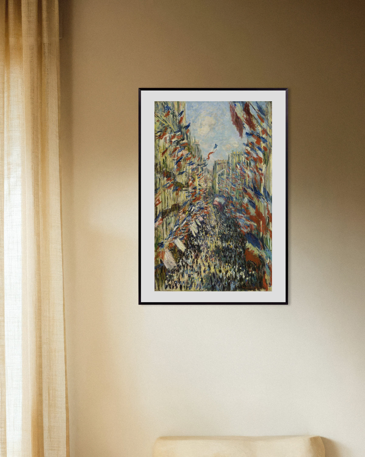 Poster A Rue Montorgueil em Paris, Festa de 30 de Junho de 1878, de Claude Monet, com moldura de metal