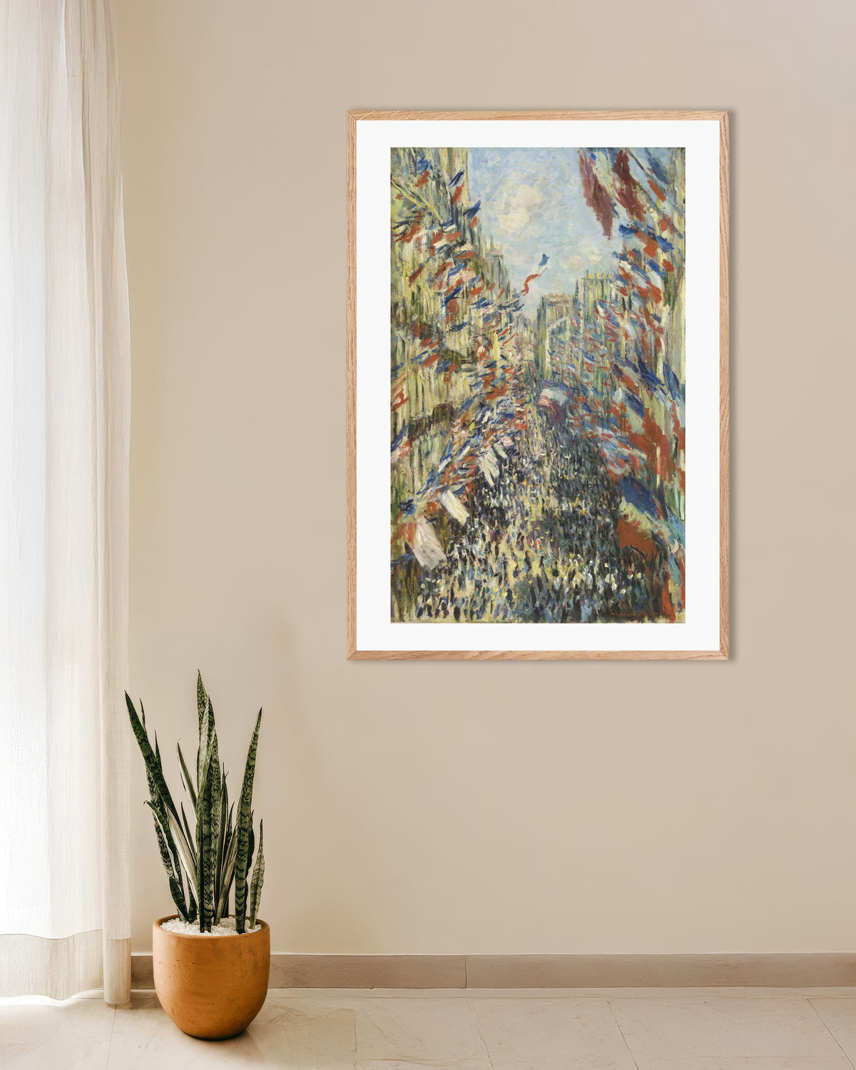 Poster A Rue Montorgueil em Paris, Festa de 30 de Junho de 1878, de Claude Monet, com moldura de madeira natural