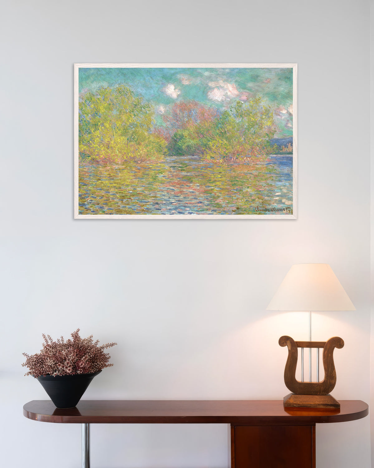 Poster O Sena perto de Giverny (1888), de Claude Monet, com moldura de madeira branca