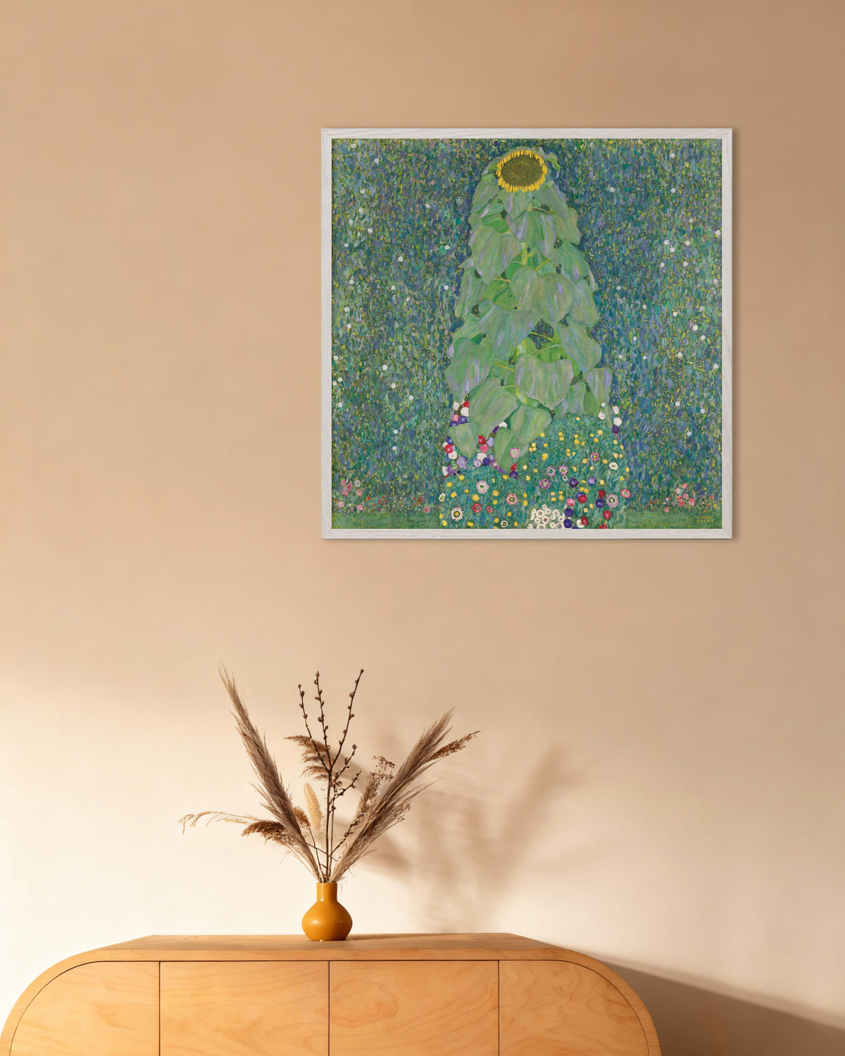 Poster O Girassol (1907–1908), de Gustav Klimt, com moldura de madeira branca