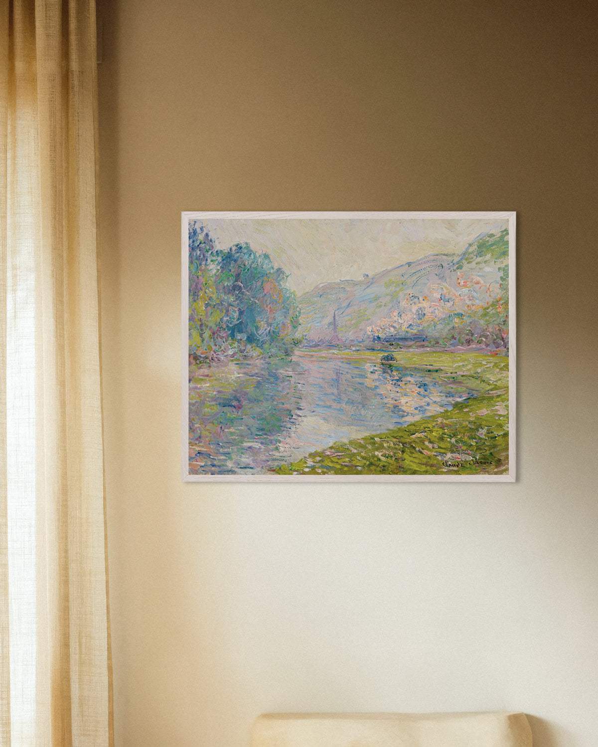 Poster O Comboio em Jeufosse (1884), de Claude Monet, com moldura de madeira branca