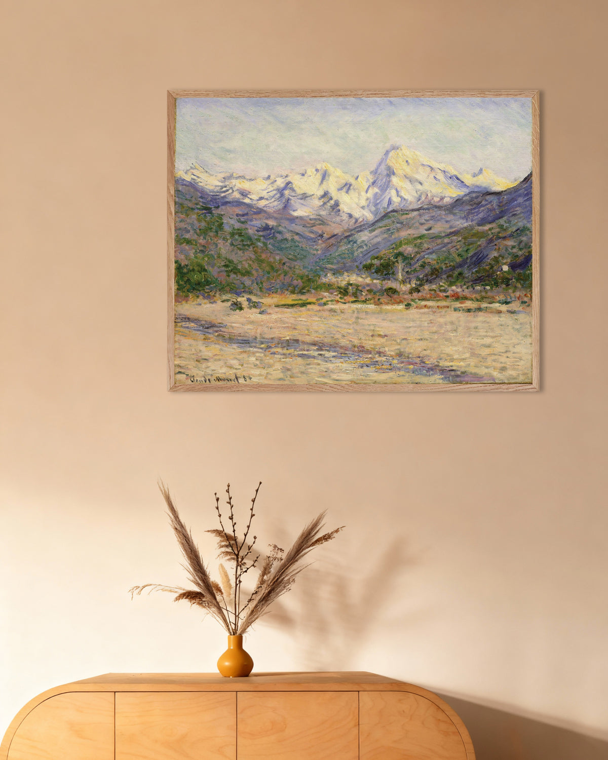 Poster O Vale do Nervia (1884), de Claude Monet, com moldura de madeira natural