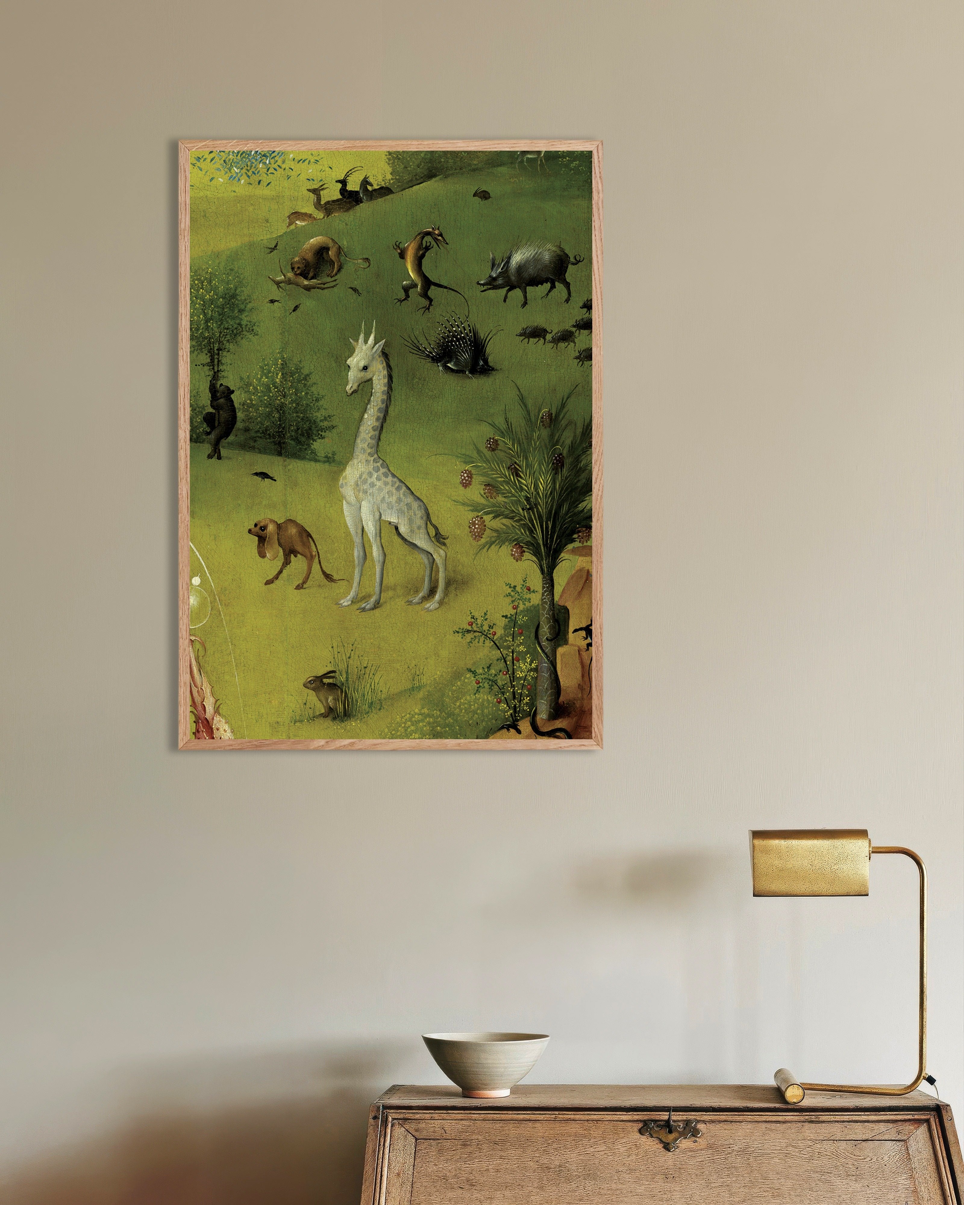 Poster of The white giraffe and exotic beasts - Detail from The Garden of Earthly Delights, with natural wooden frame