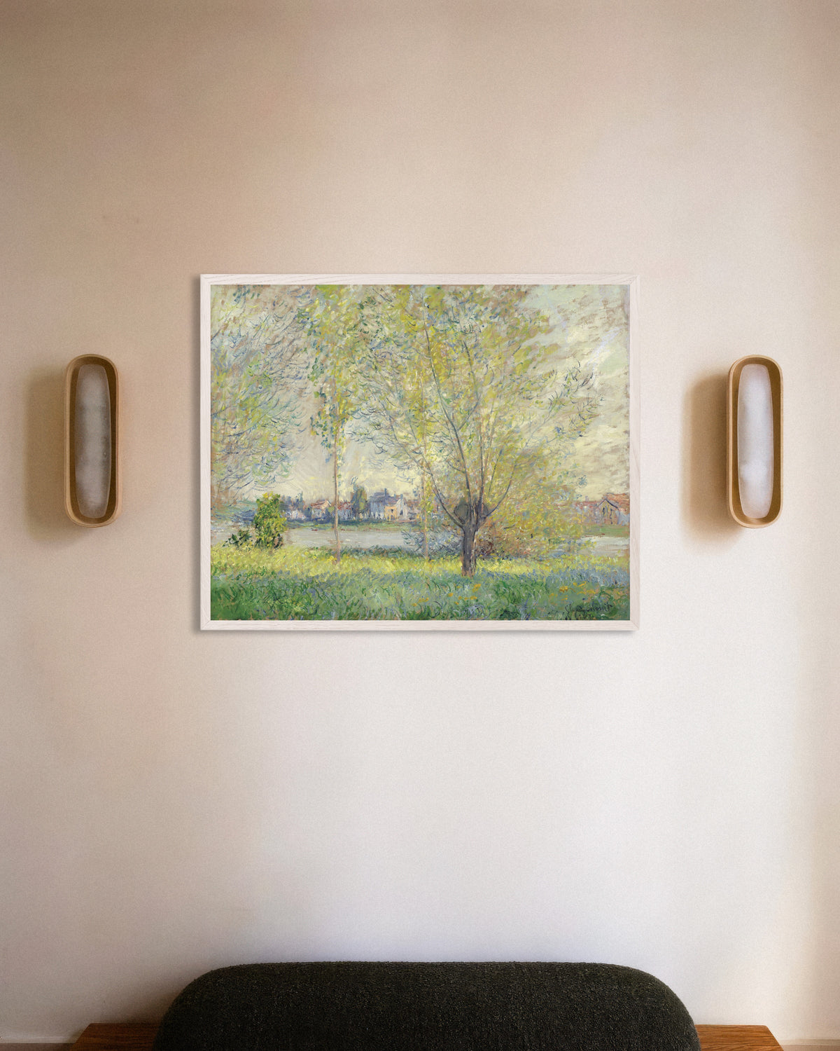 Poster Os Salgueiros (1880), de Claude Monet, com moldura de madeira branca