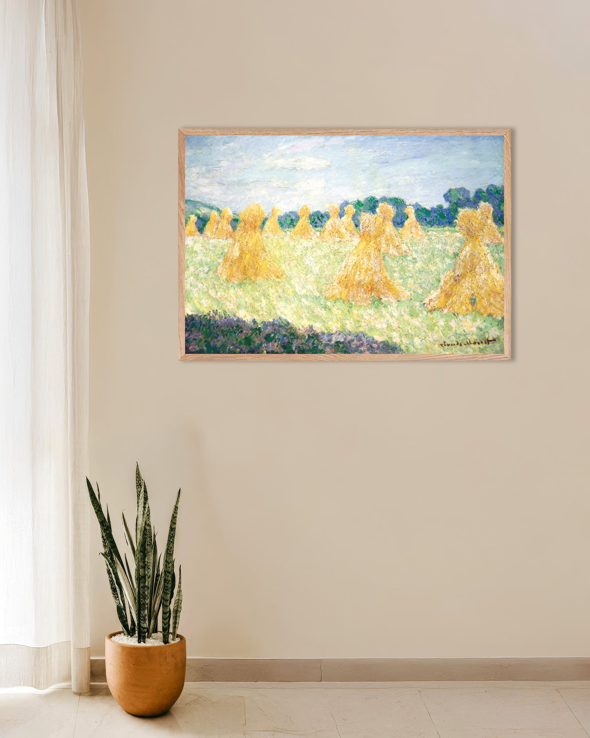 Poster As Meninas de Giverny, Efeito de Sol (1894), de Claude Monet, com moldura de madeira natural