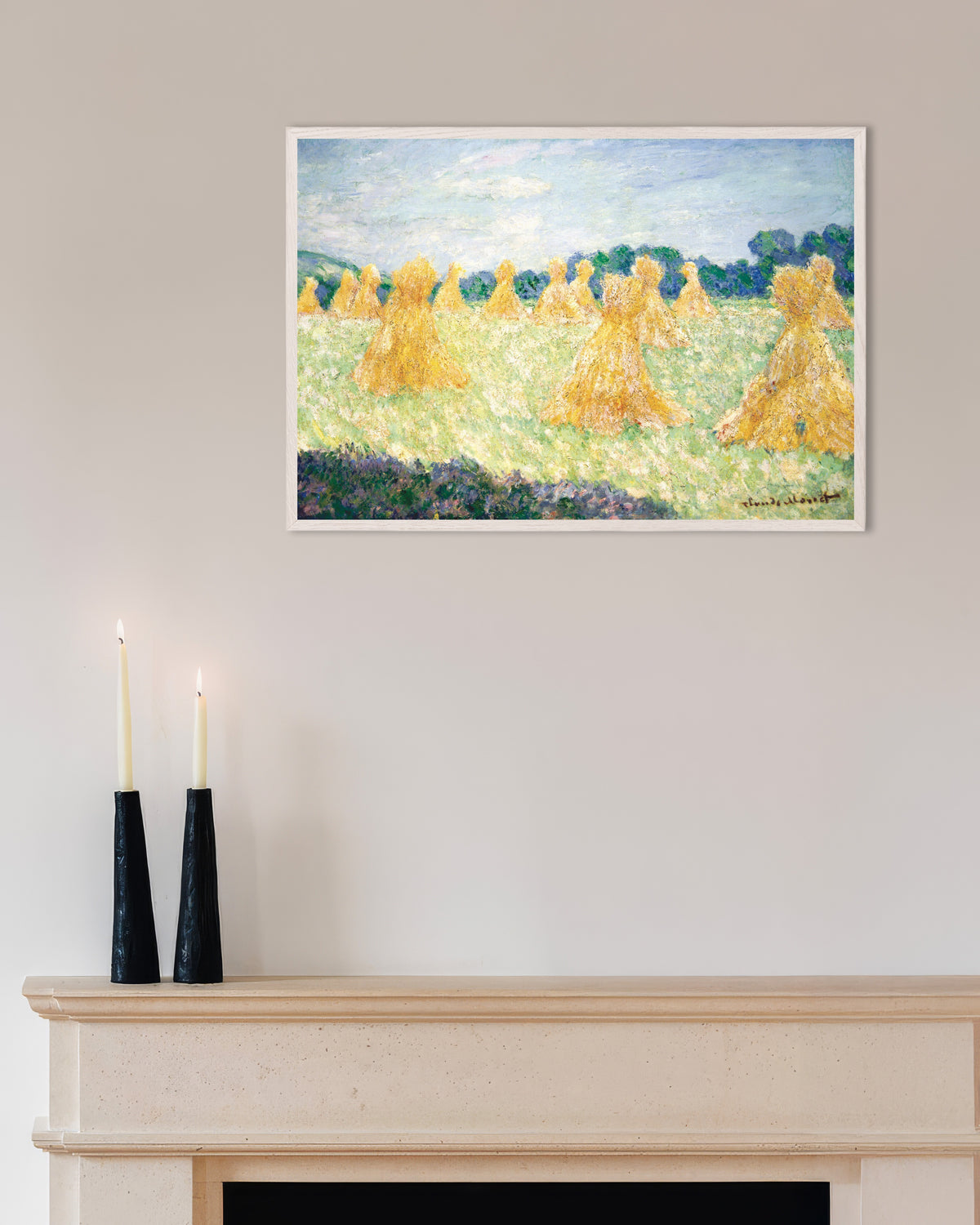 Poster As Meninas de Giverny, Efeito de Sol (1894), de Claude Monet, com moldura de madeira branca