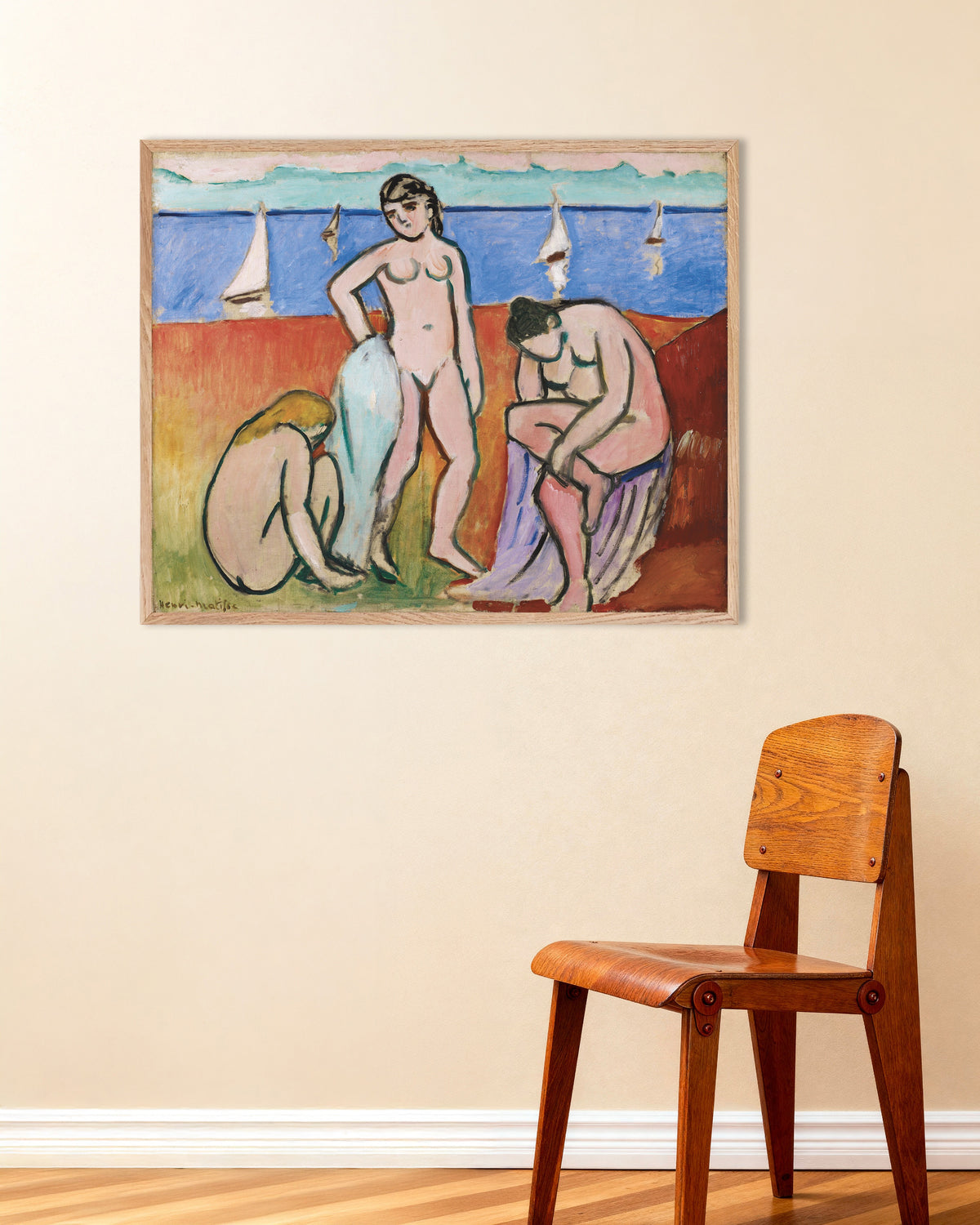 Poster de Três Banhistas (1907), de Henri Matisse, com moldura de madeira natural