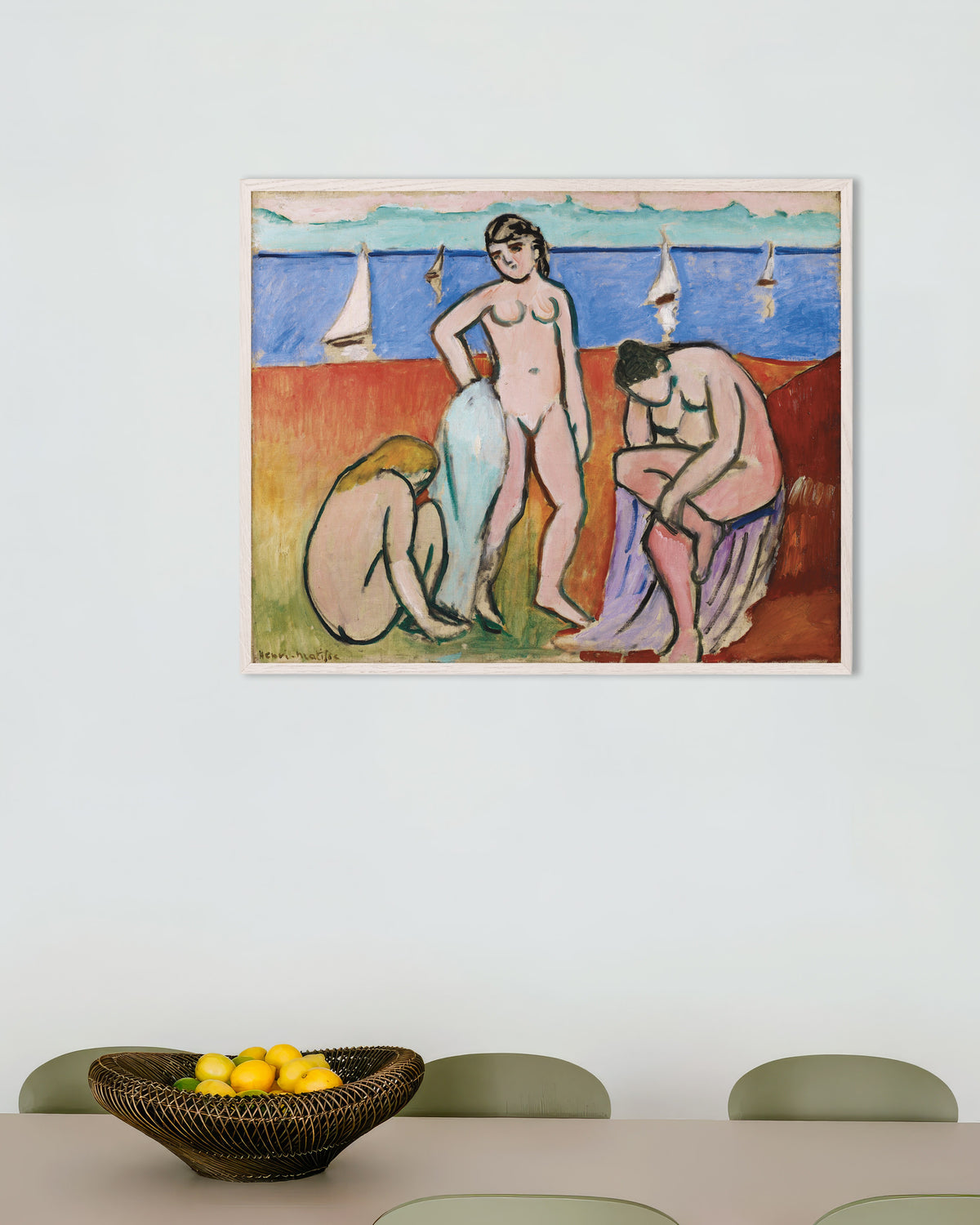 Poster de Três Banhistas (1907), de Henri Matisse, com moldura de madeira branca