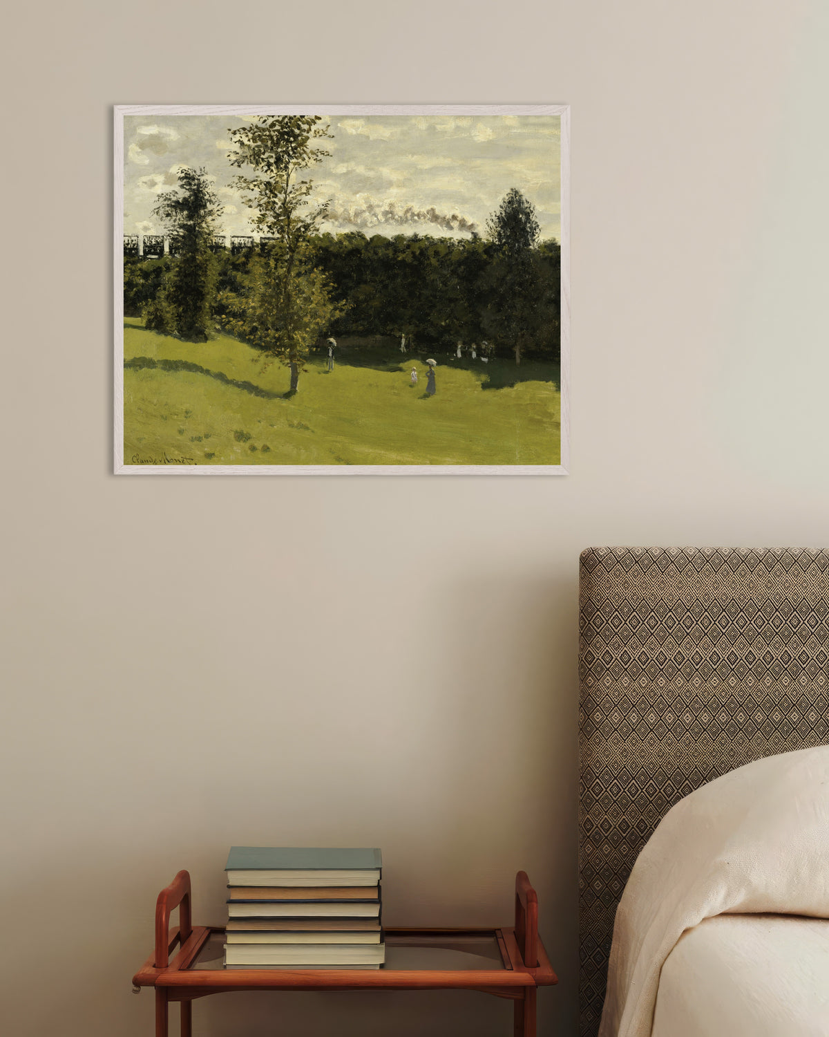 Poster Comboio no Campo (c. 1870), de Claude Monet, com moldura de madeira branca