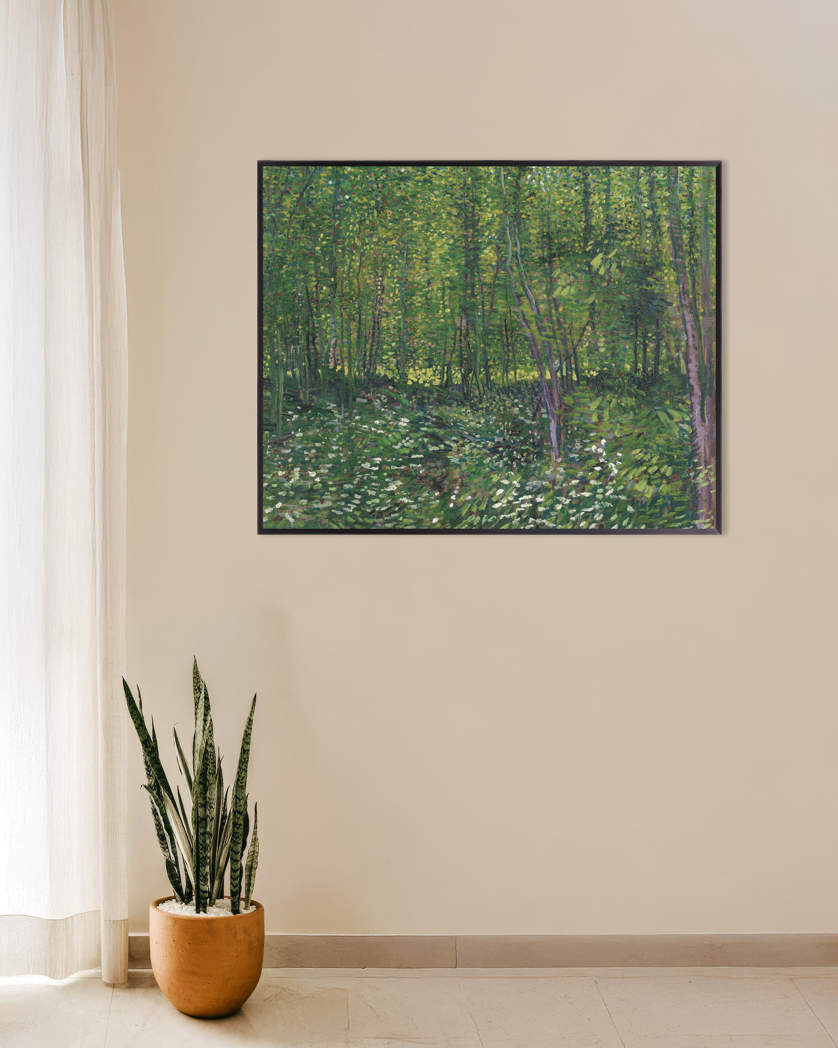 Poster de Árvores e vegetação rasteira (1887), de Vincent van Gogh, com moldura metálica
