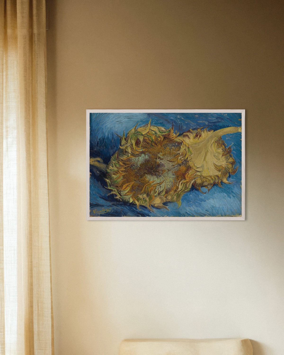 Poster de Dois girassóis cortados (1887), de Vincent van Gogh, com moldura de madeira branca