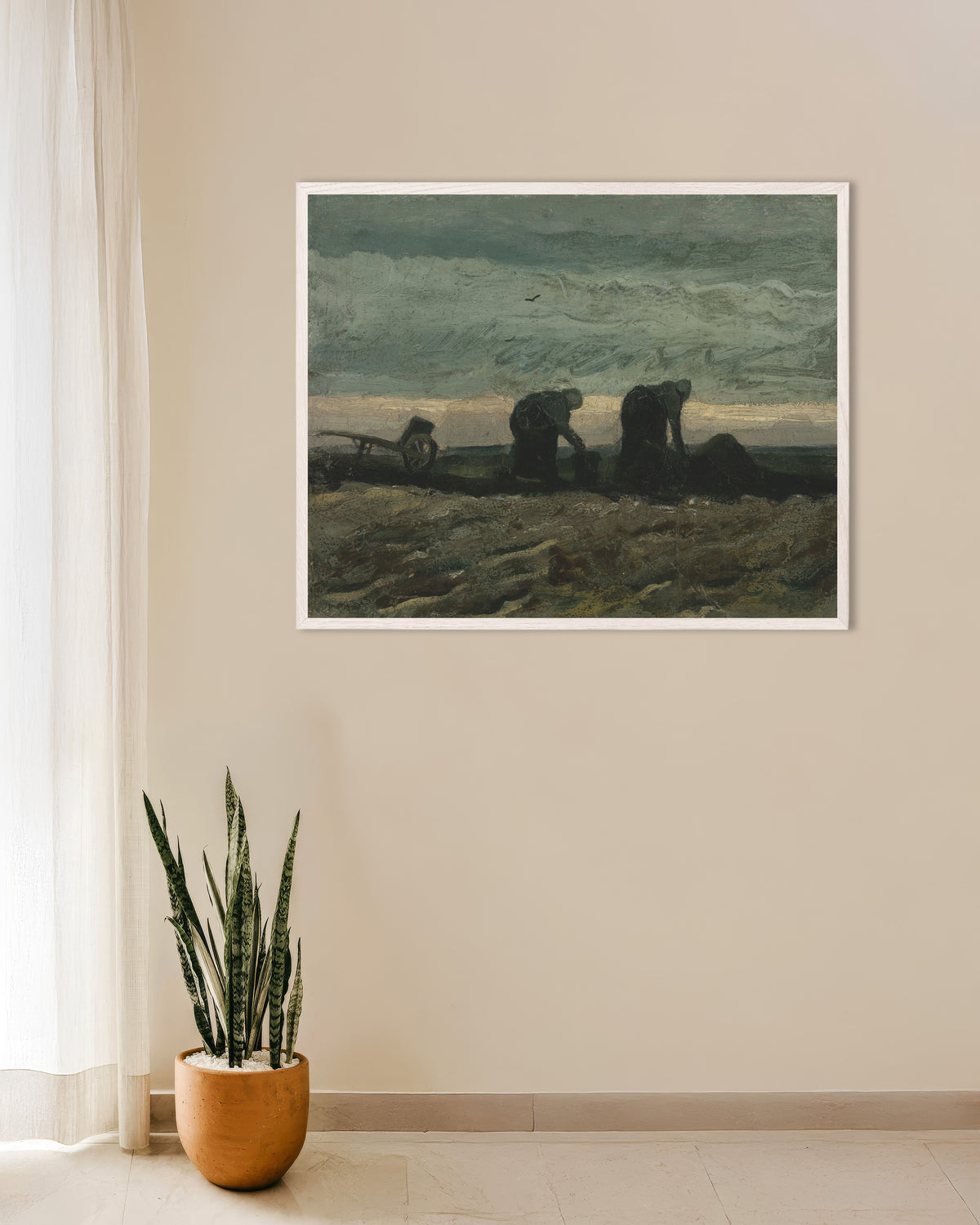 Poster de Duas mulheres na charneca (1883), de Vincent van Gogh, com moldura de madeira branca