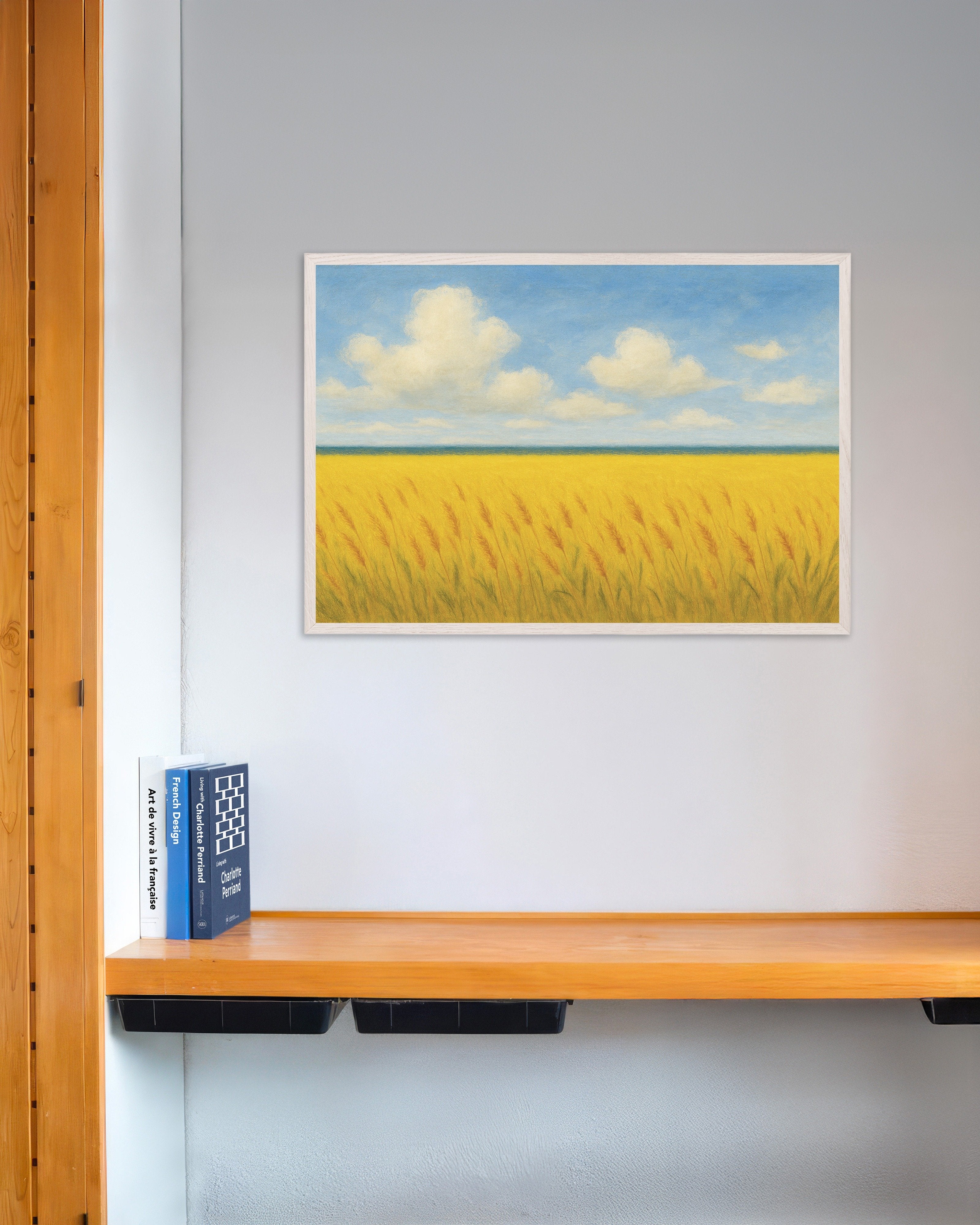 Poster of Ukraine poster - Wheat field and blue sky, with white wooden frame