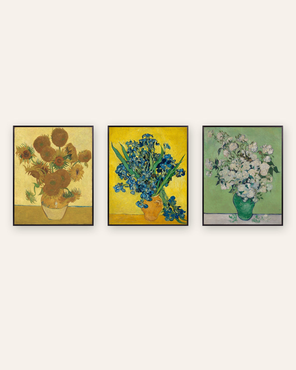 Posters de flores de Van Gogh, conjunto de 3: Girassóis, Íris e Rosas, com molduras de metal preto