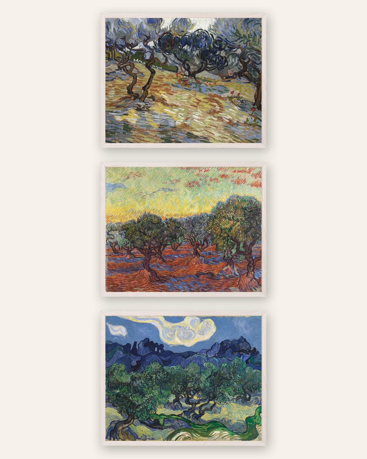 Posters de Van Gogh, oliveiras, conjunto de 3: os olivais de Saint-Rémy, com molduras de carvalho branco