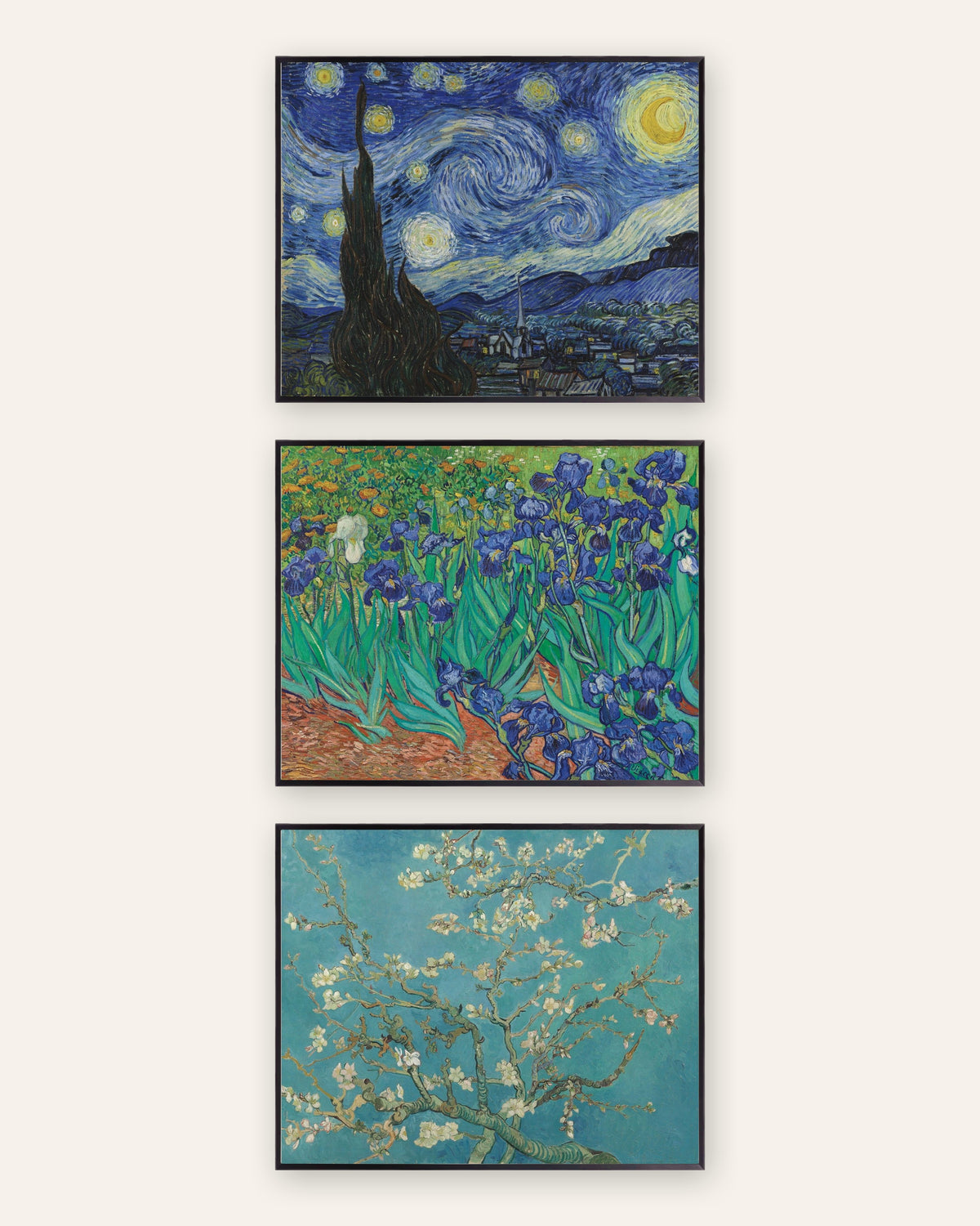Posters de Van Gogh, conjunto de 3: A Noite Estrelada, Íris e Amendoeira em flor, com molduras de metal preto