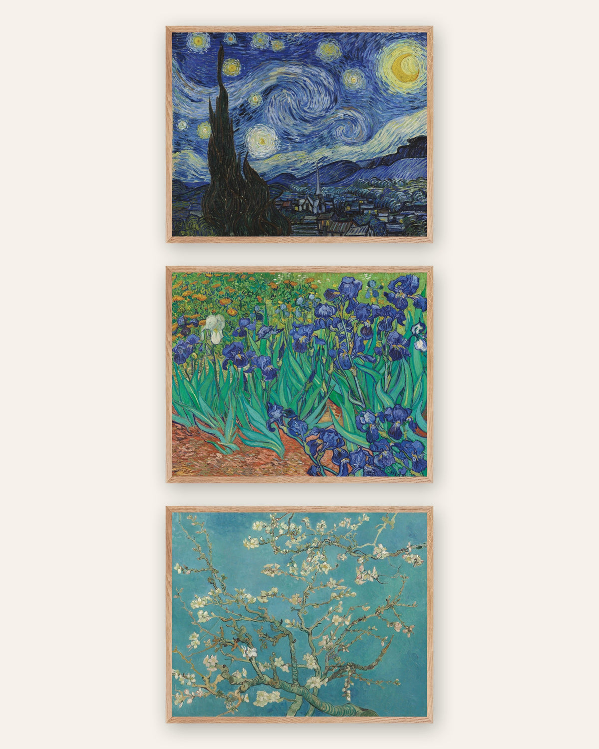 Posters de Van Gogh, conjunto de 3: A Noite Estrelada, Íris e Amendoeira em flor, com molduras de carvalho natural