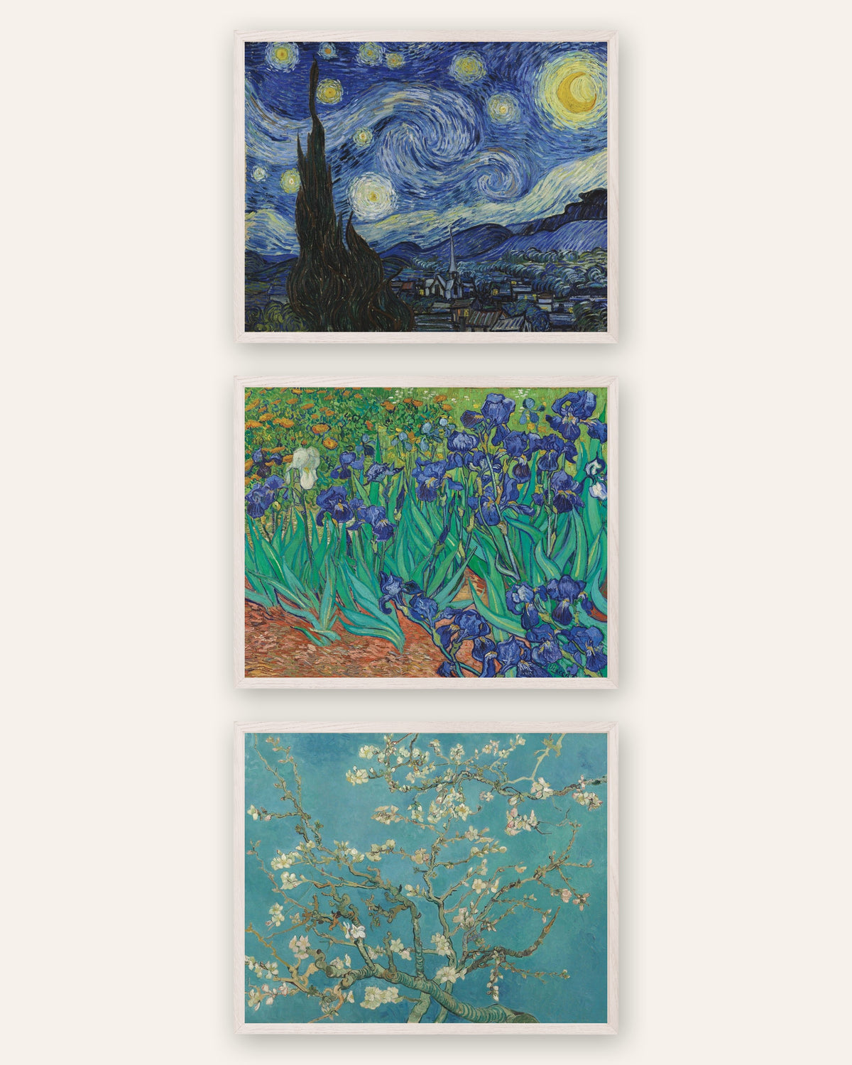 Posters de Van Gogh, conjunto de 3: A Noite Estrelada, Íris e Amendoeira em flor, com molduras de carvalho branco