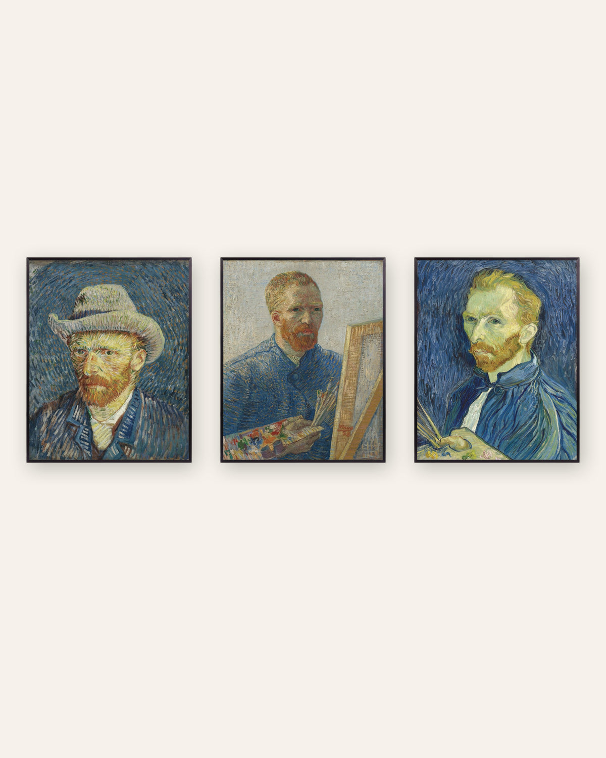Posters de autorretratos de Van Gogh, conjunto de 3: de Paris a Saint-Rémy, com molduras de metal preto