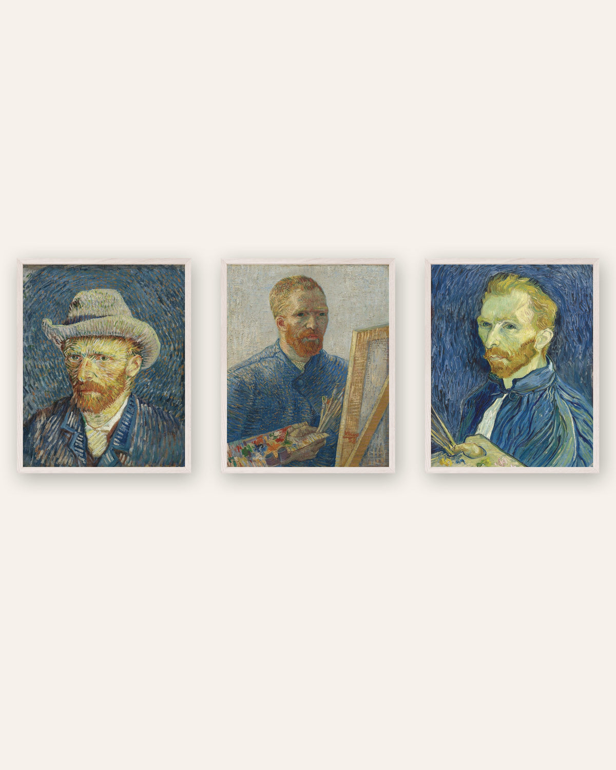 Posters de autorretratos de Van Gogh, conjunto de 3: de Paris a Saint-Rémy, com molduras de carvalho branco