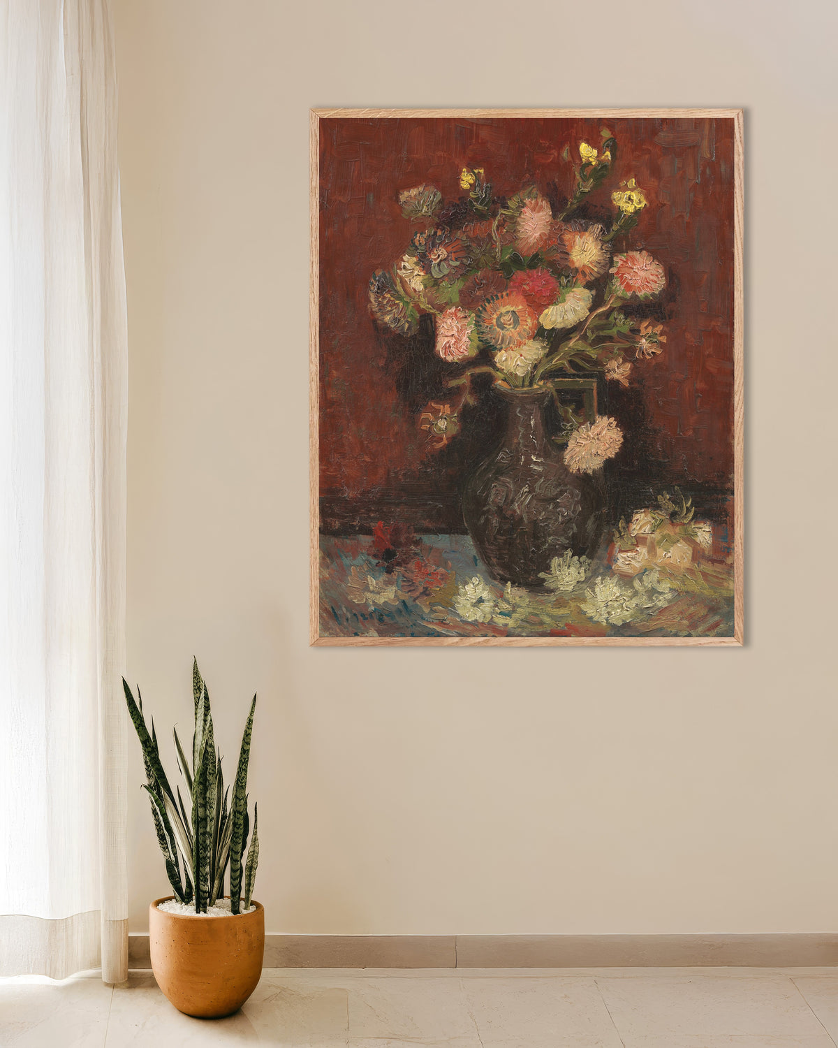 Poster de Vaso com ásteres chineses e gladíolos (1886), de Vincent van Gogh, com moldura de madeira natural