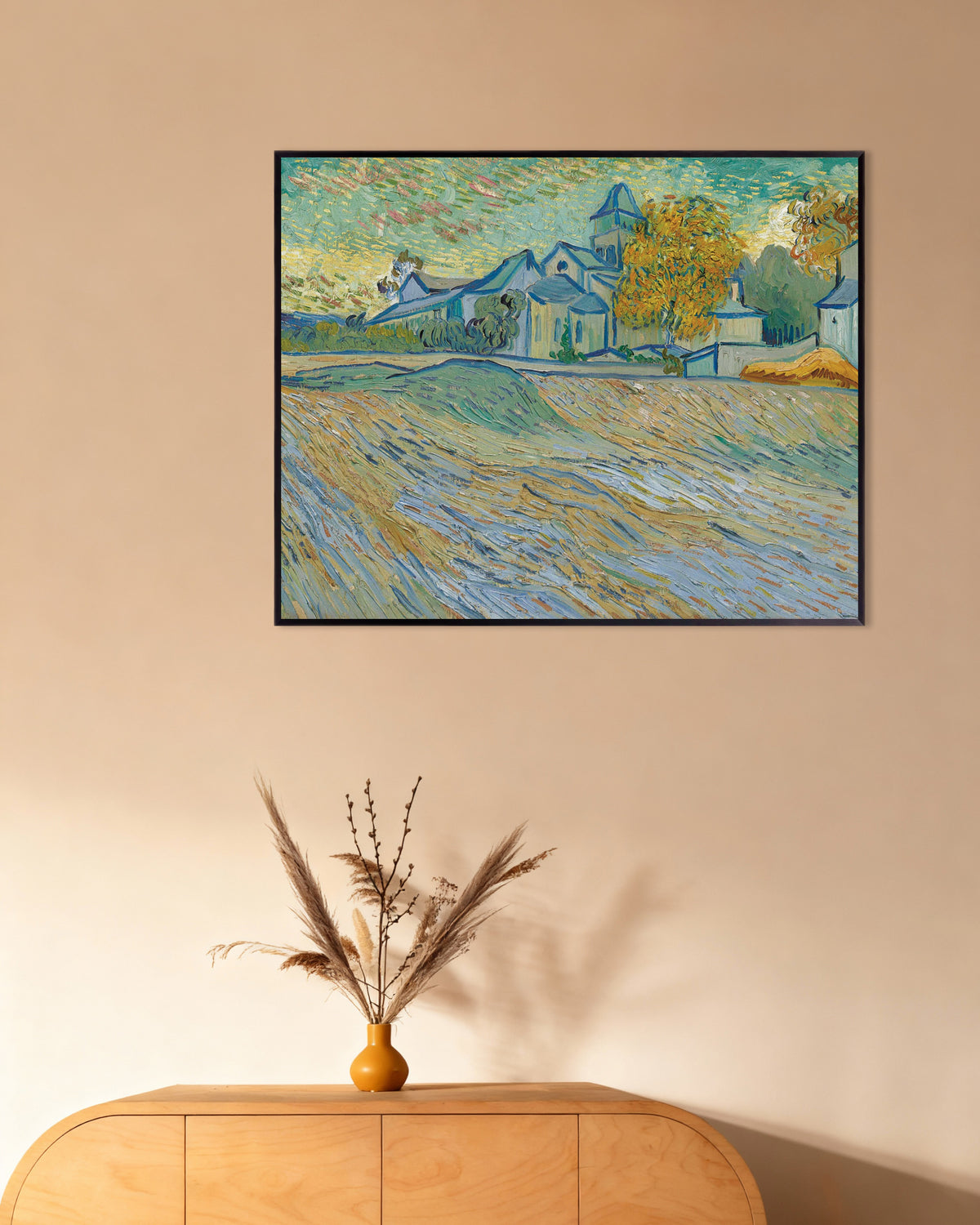 Poster de Vista do asilo e da capela de Saint-Rémy (1889), de Vincent van Gogh, com moldura metálica