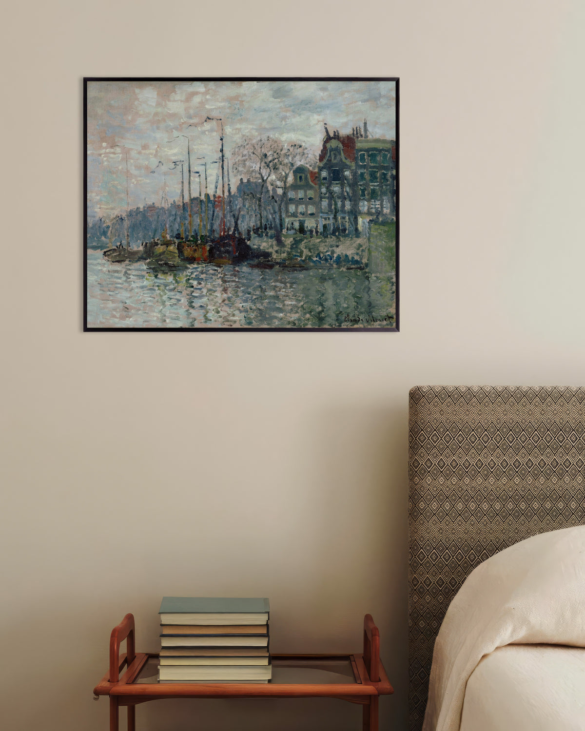 Poster Vista do Prins Hendrikkade e do Kromme Waal em Amesterdão (1874), de Claude Monet, com moldura de metal