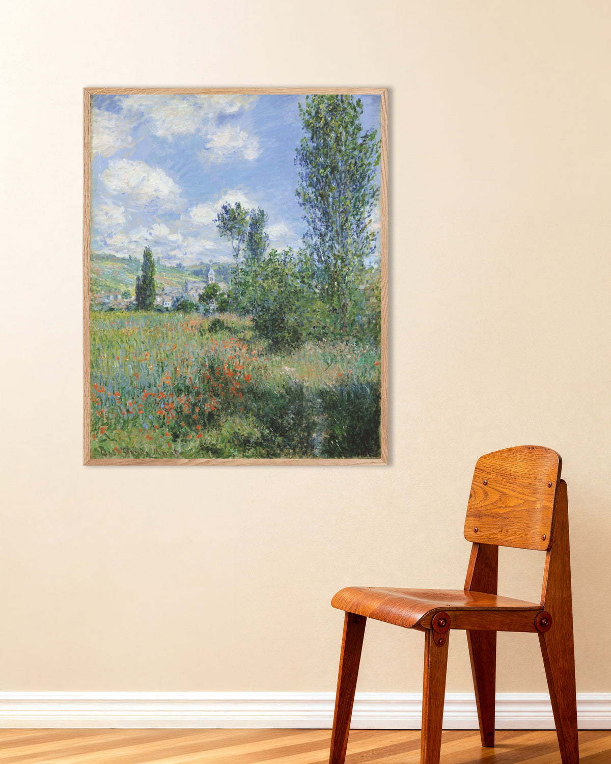 Poster Vista de Vétheuil (1880), de Claude Monet, com moldura de madeira natural
