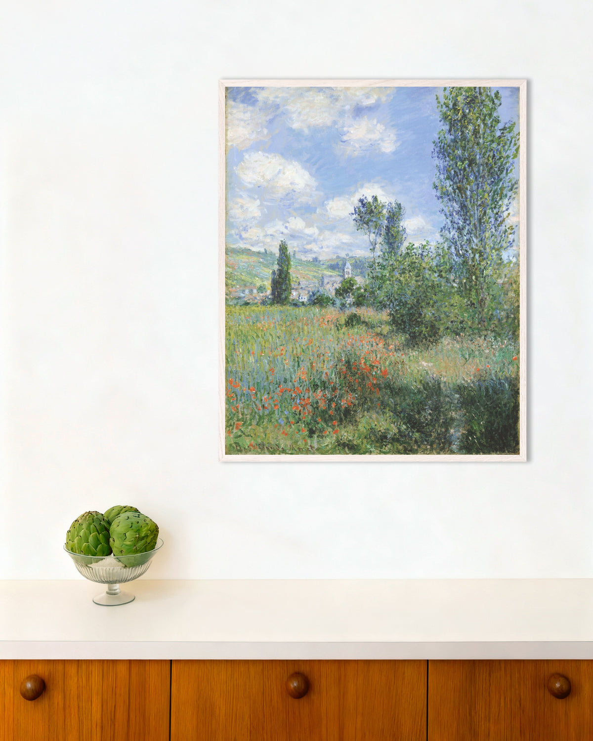 Poster Vista de Vétheuil (1880), de Claude Monet, com moldura de madeira branca