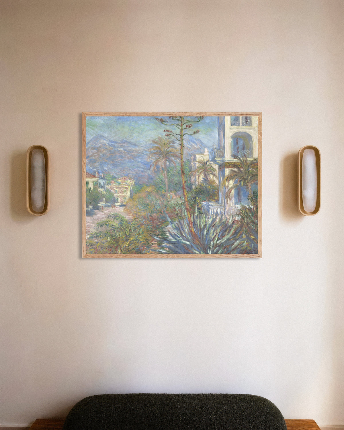 Poster Vivendas em Bordighera (1884), de Claude Monet, com moldura de madeira natural