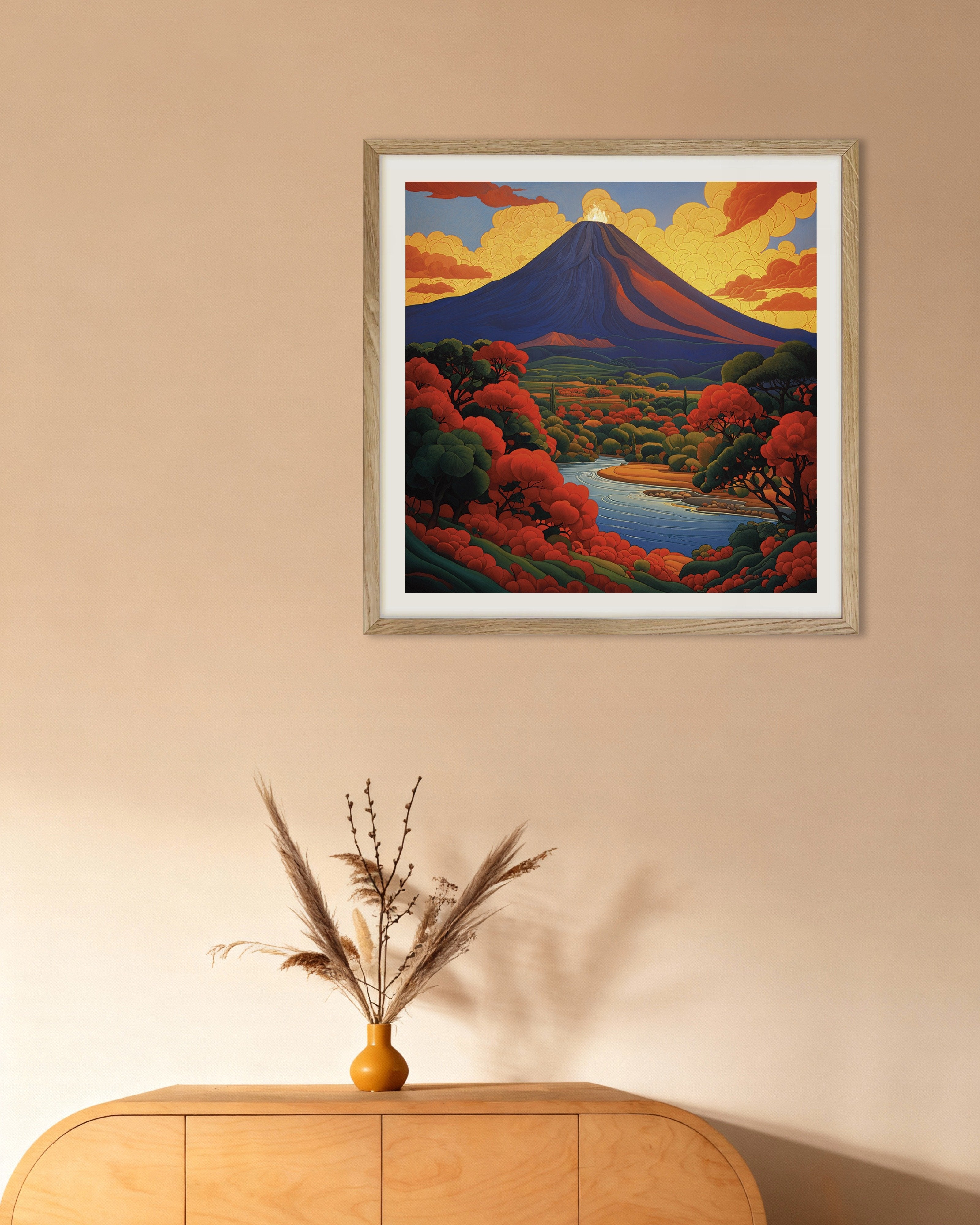 Poster of Volcano poster, mystical symbolist composition, with natural wooden frame