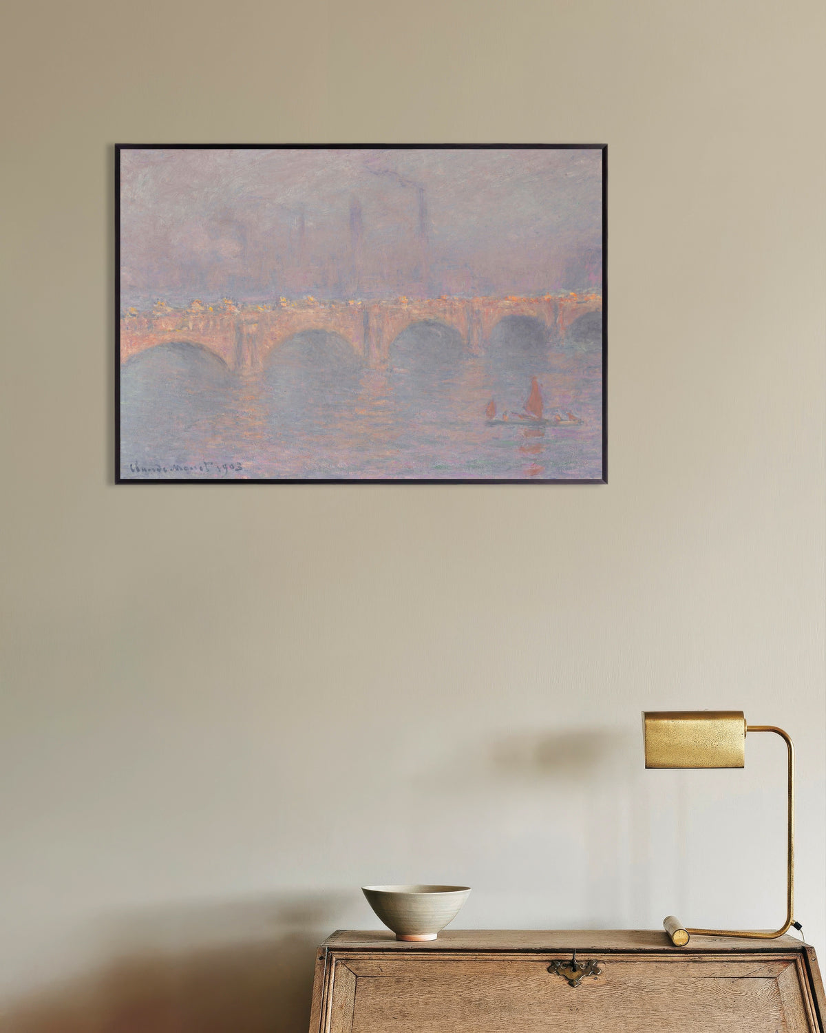 Poster A Ponte de Waterloo, Sol Velado (1899–1903), de Claude Monet, com moldura de metal
