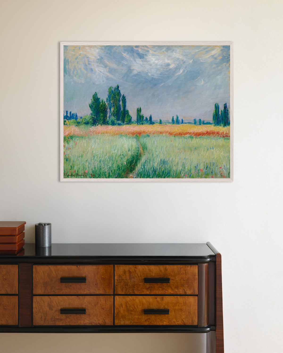 Poster Campo de Trigo (1881), de Claude Monet, com moldura de madeira branca