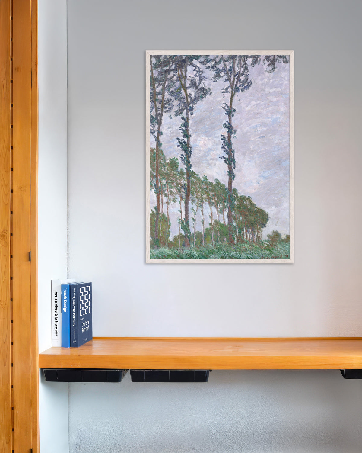 Poster Os Choupos, Efeito de Vento (1891), de Claude Monet, com moldura de madeira branca