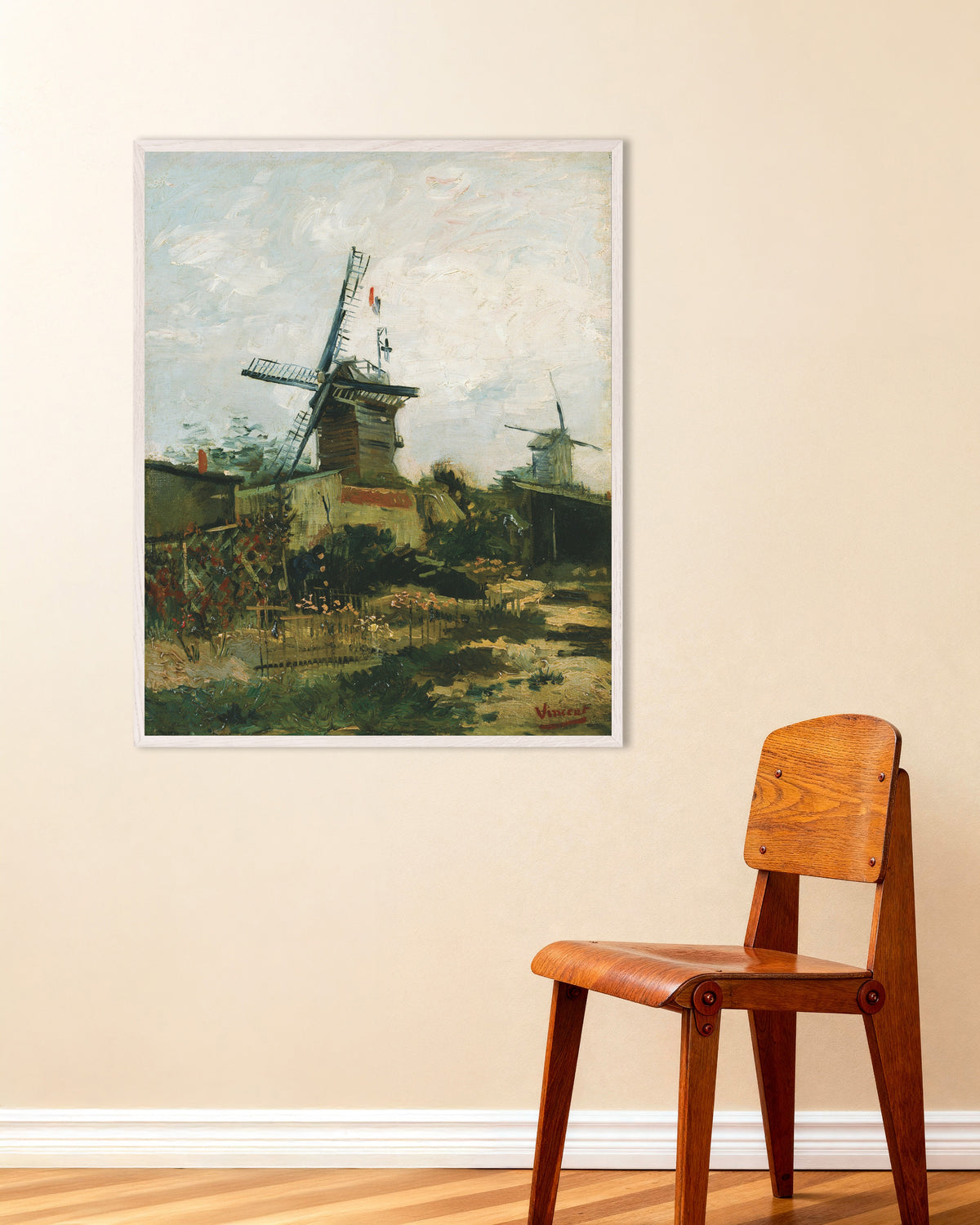 Poster de Moinhos de vento em Montmartre (1886), de Vincent van Gogh, com moldura de madeira branca