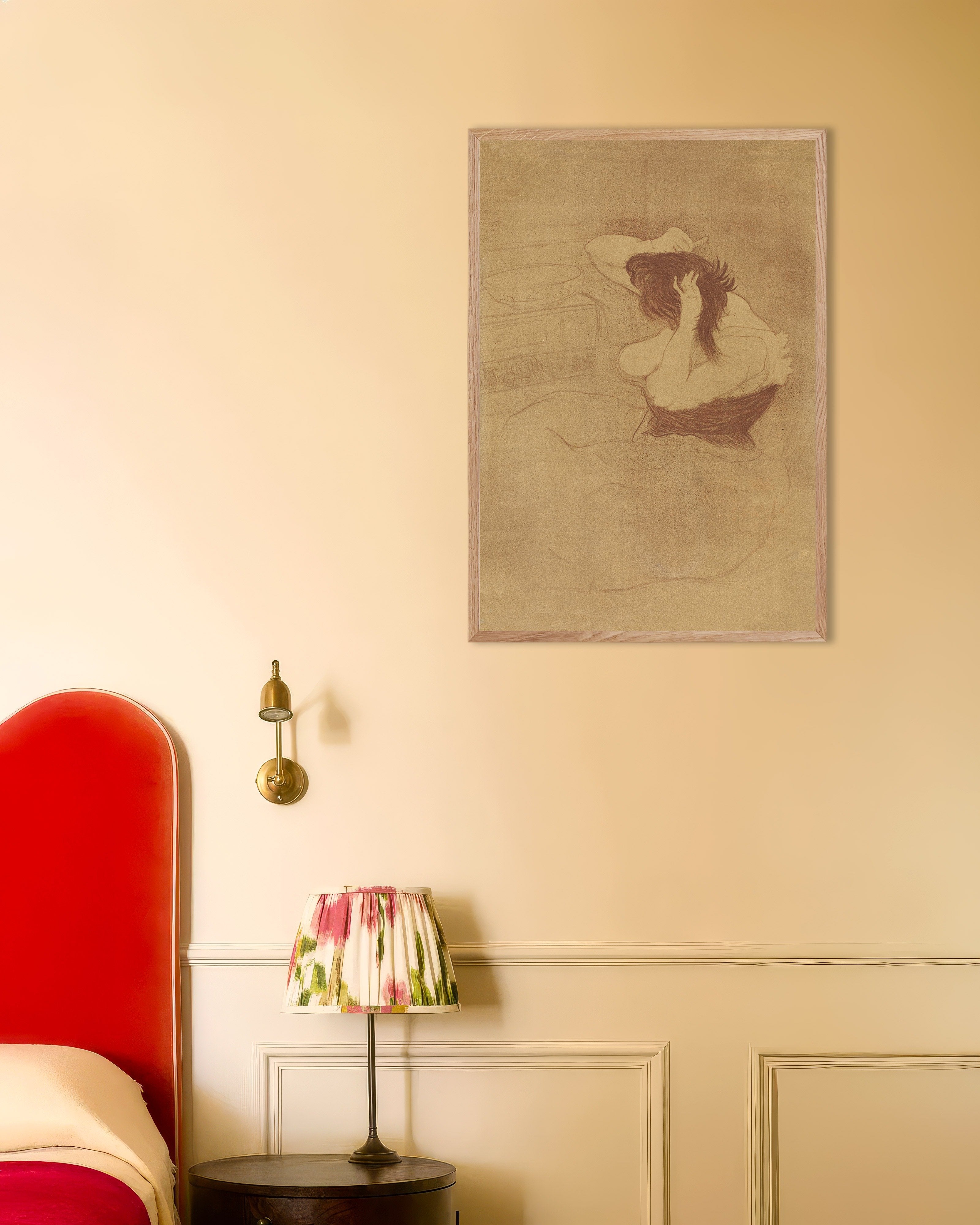 Poster of Woman combing her hair (Femme qui se peigne) (1896) by Henri de Toulouse-Lautrec, with natural wooden frame