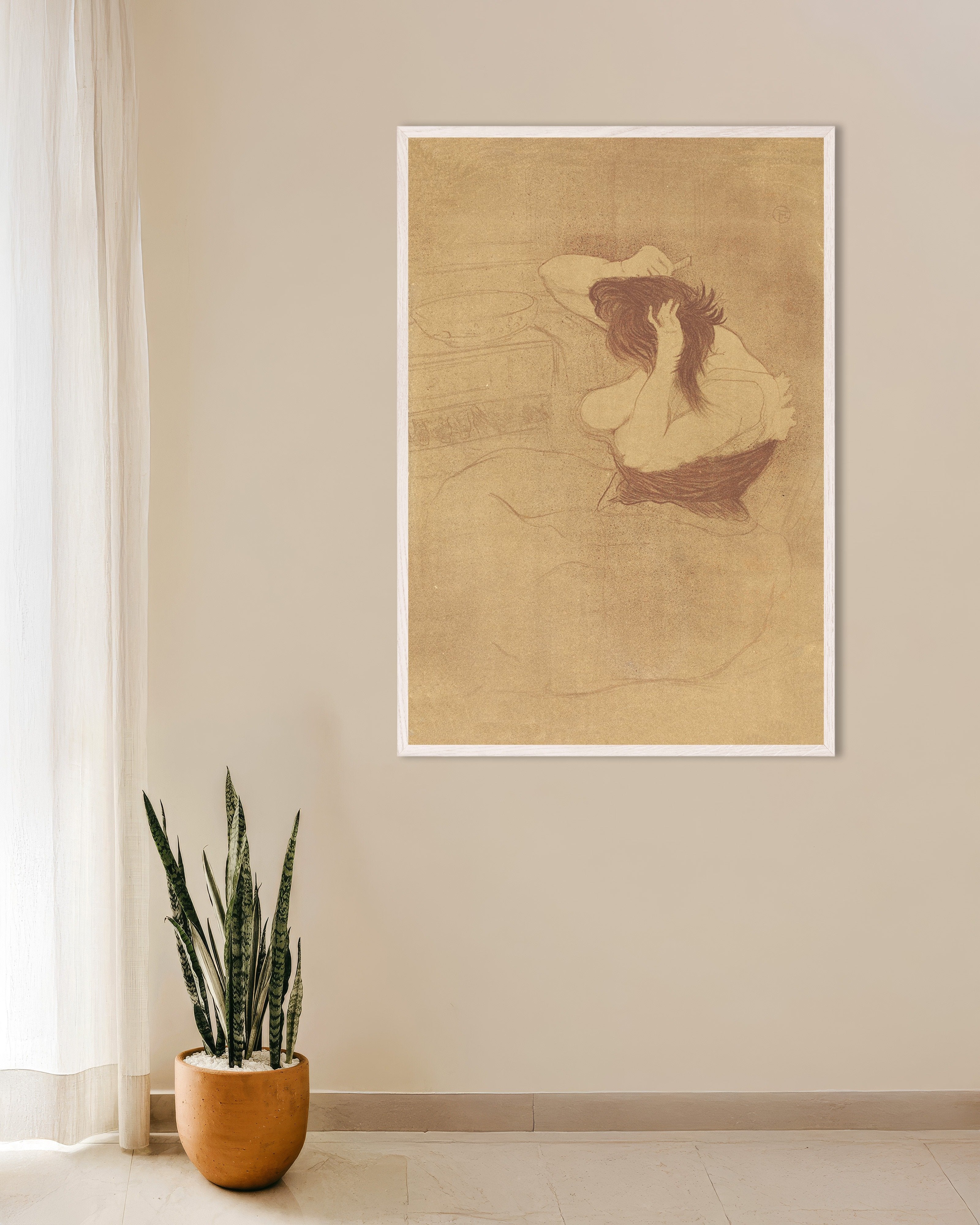 Poster of Woman combing her hair (Femme qui se peigne) (1896) by Henri de Toulouse-Lautrec, with white wooden frame