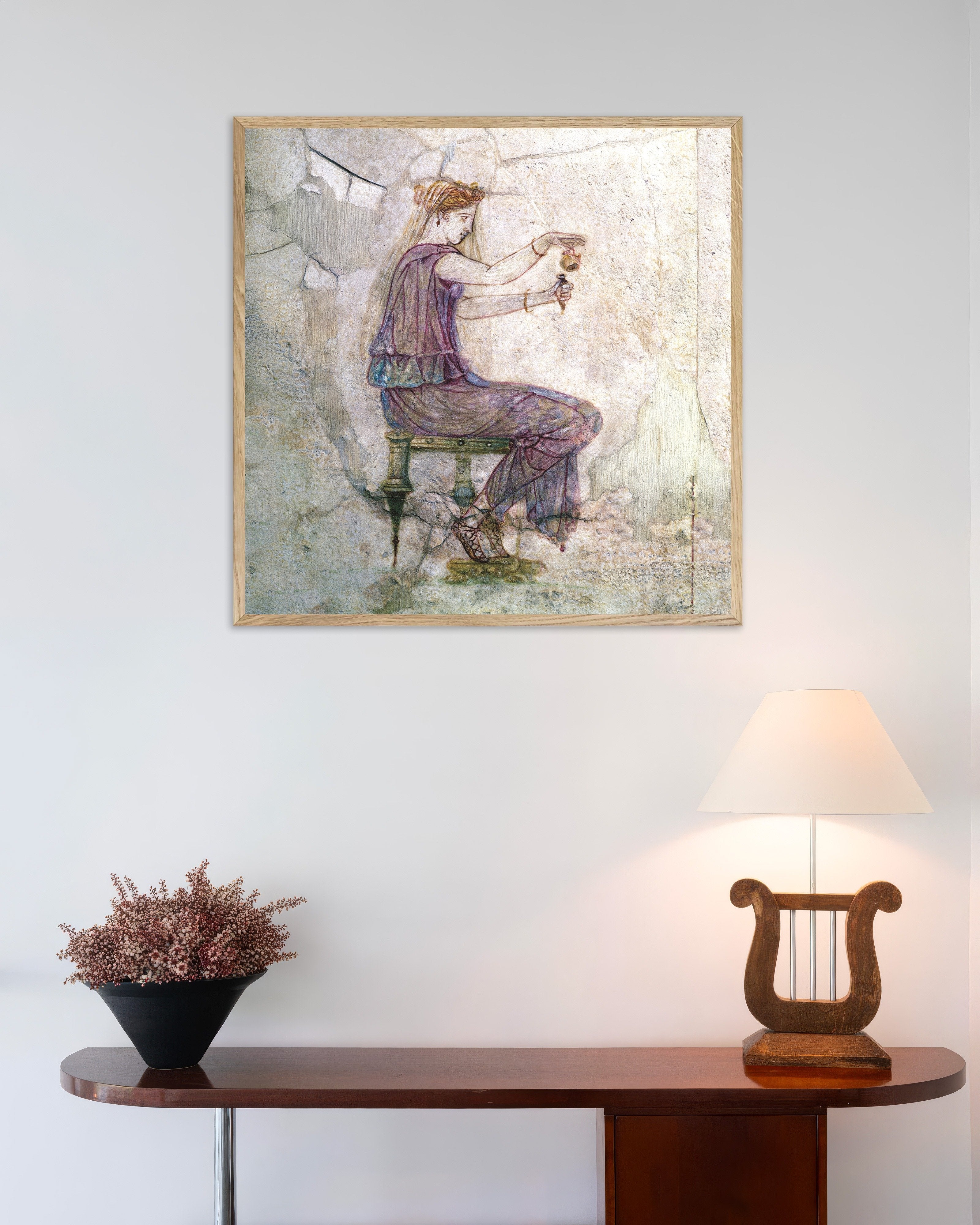 Poster of Woman pouring perfume fresco poster, with natural wooden frame