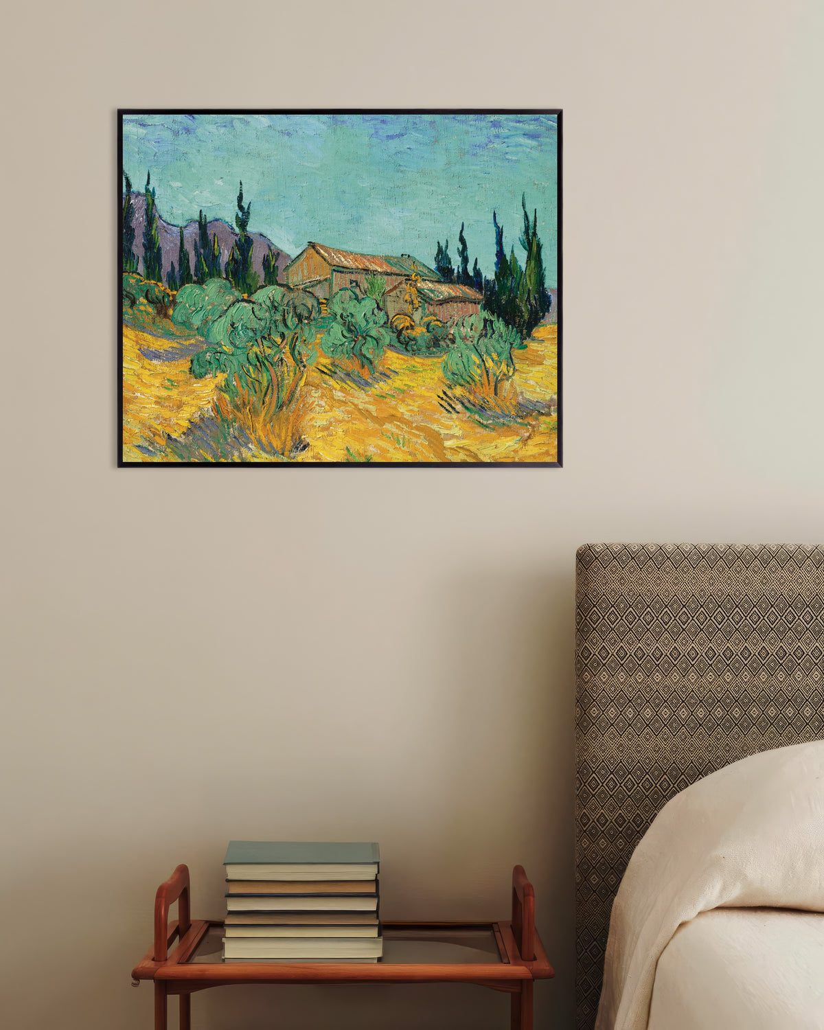Poster de Cabanas de madeira entre oliveiras e ciprestes (1889), de Vincent van Gogh, com moldura metálica