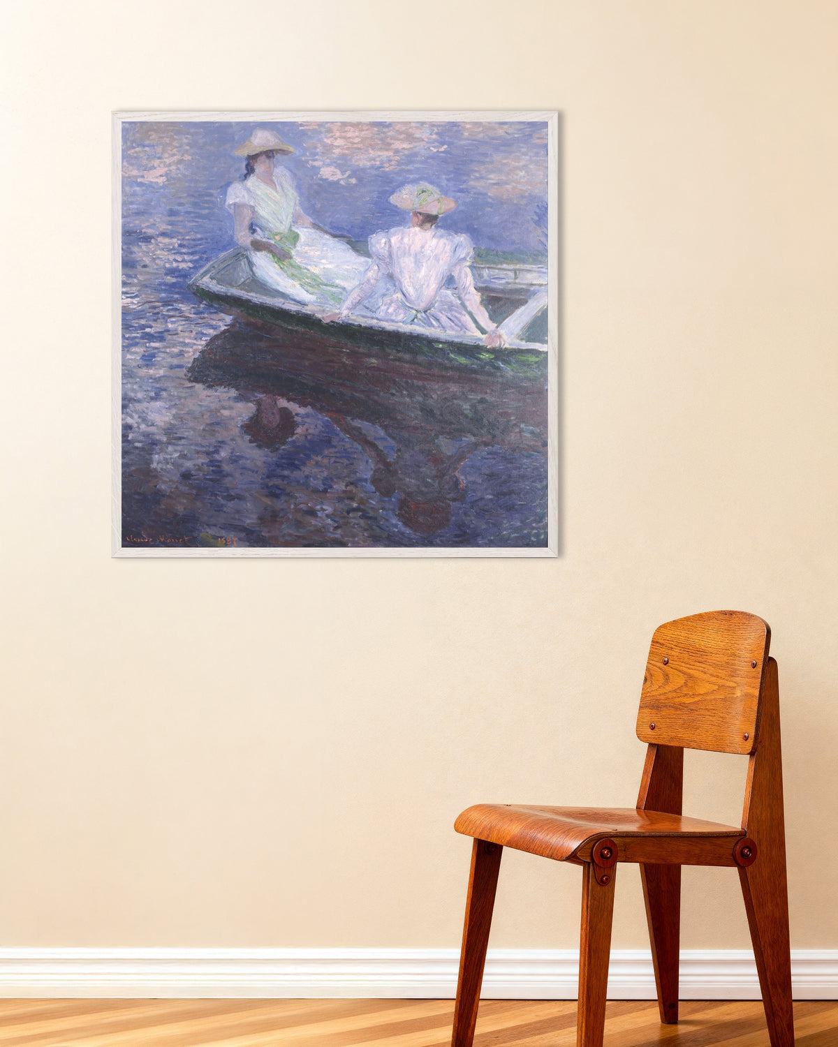 Poster Raparigas num Barco (1887), de Claude Monet, com moldura de madeira branca