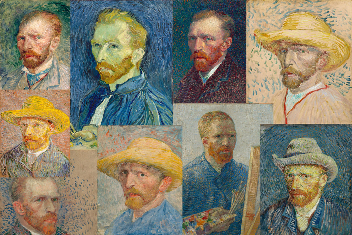 Nove autorretratos de Vincent van Gogh, pintados sobretudo em Paris entre 1886 e 1888, vários com chapéu de palha