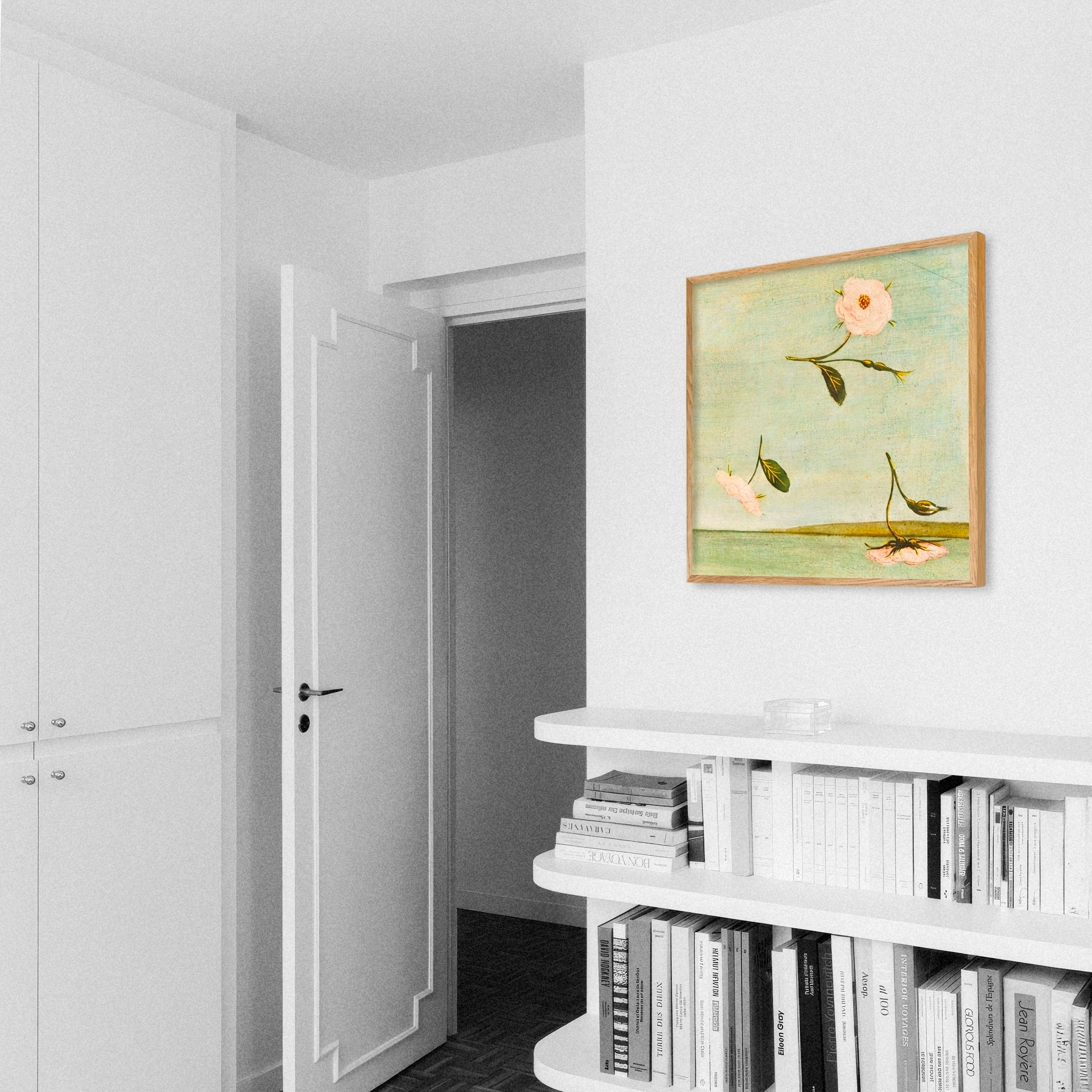 Room interior with a bookshelf and a painting of flowers on the wall.