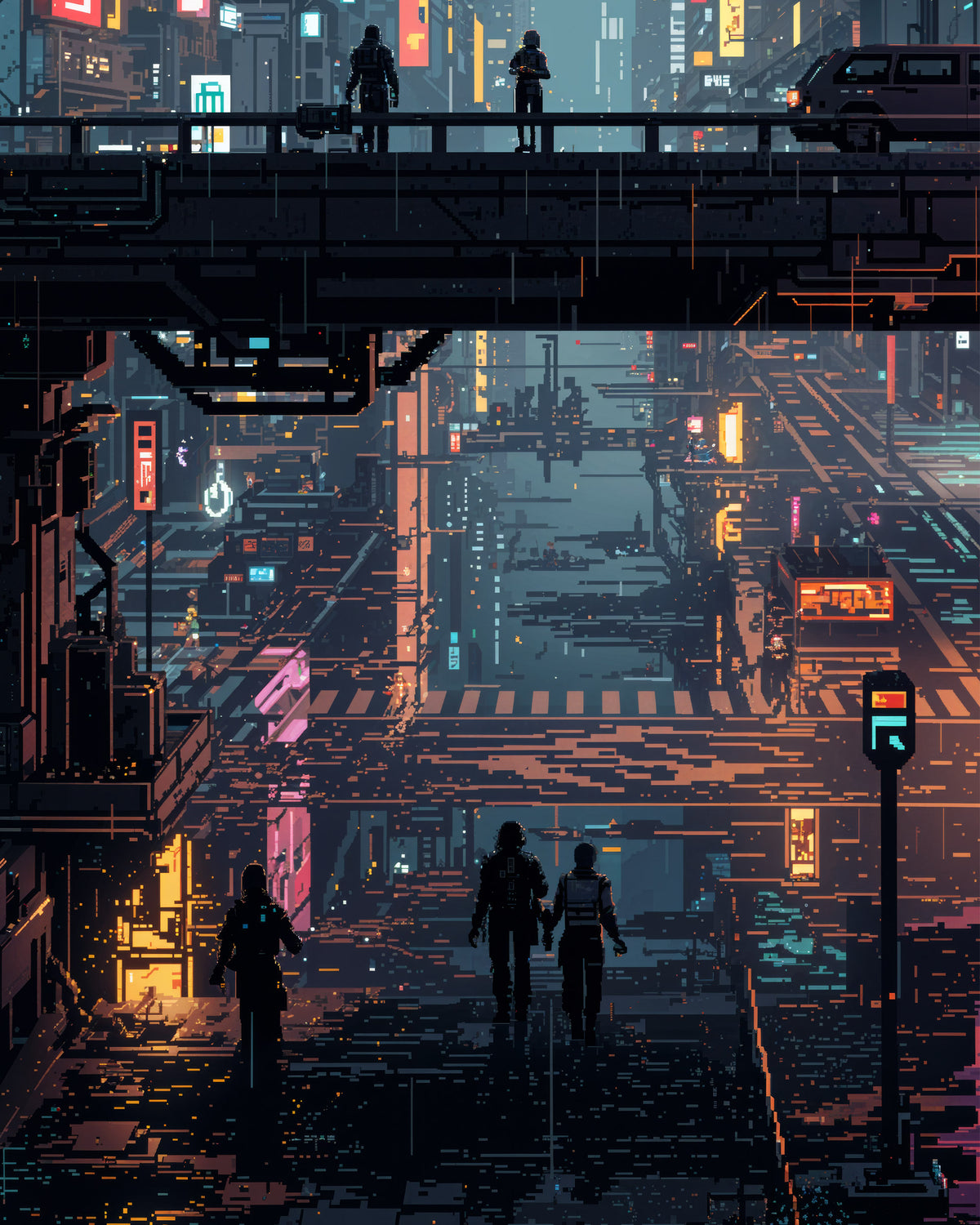 A futuristic cyberpunk city scene with silhouetted pedestrians walking beneath elevated walkways and glowing neon signs in blue, pink, orange, and yellow tones.