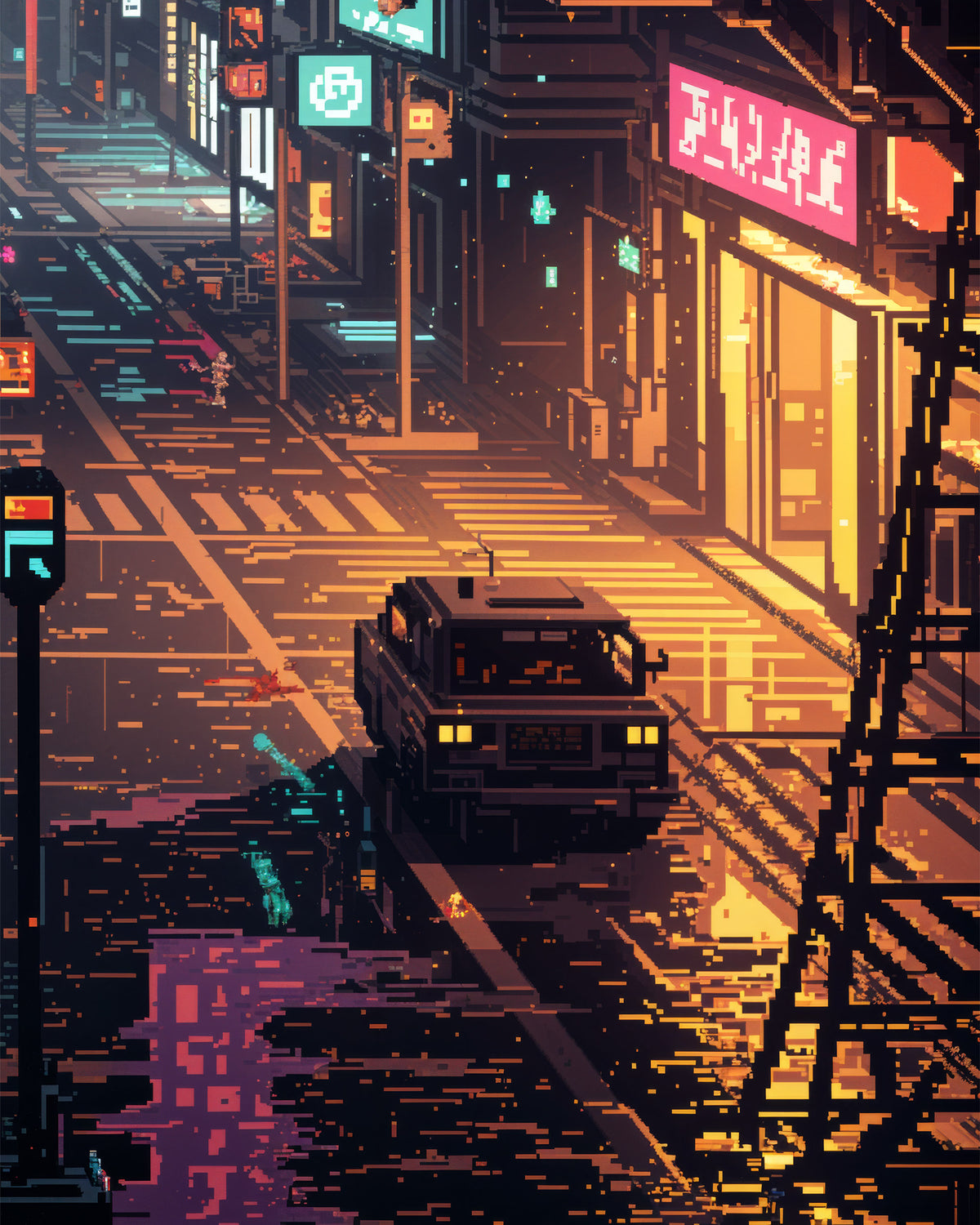 A stylized neon-lit city street scene at night with a dark vehicle on a wet road, glowing storefront signs, and pixelated digital artwork in orange, purple, blue, and yellow tones.
