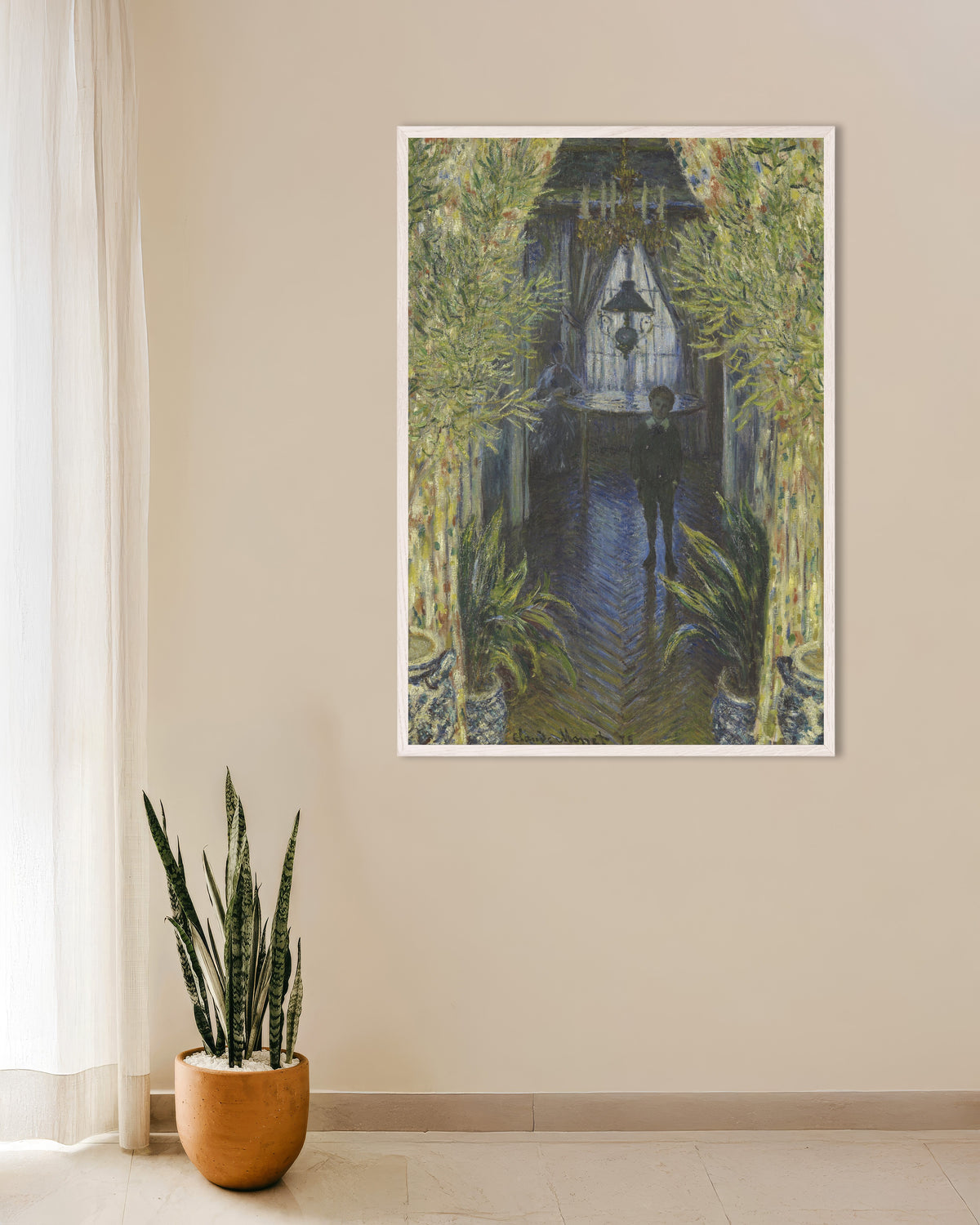 Poster Um Canto do Apartamento (1875), de Claude Monet, com moldura de madeira branca
