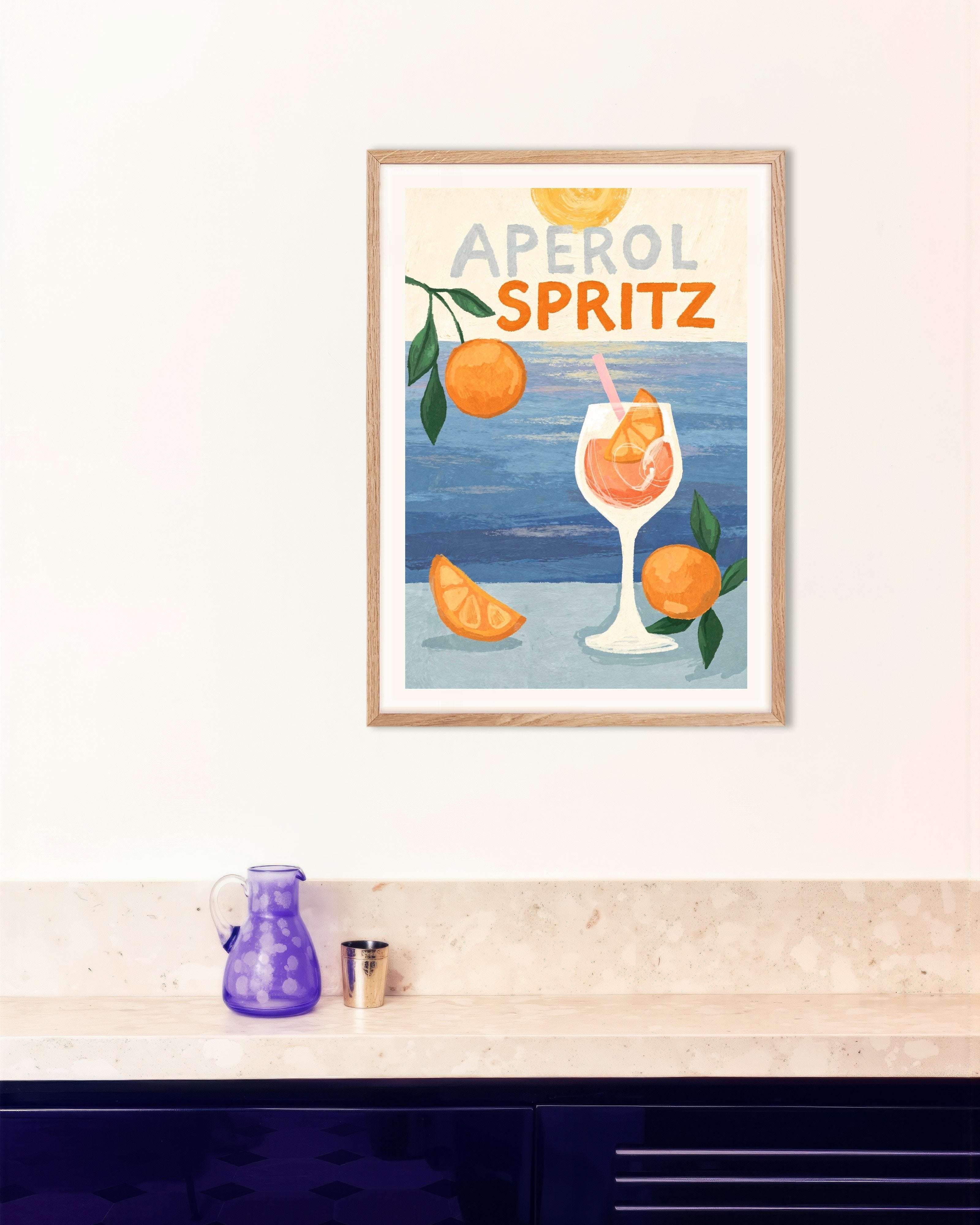 Poster of Aperol Spritz at Sunset - Cocktail Poster, with natural wooden frame