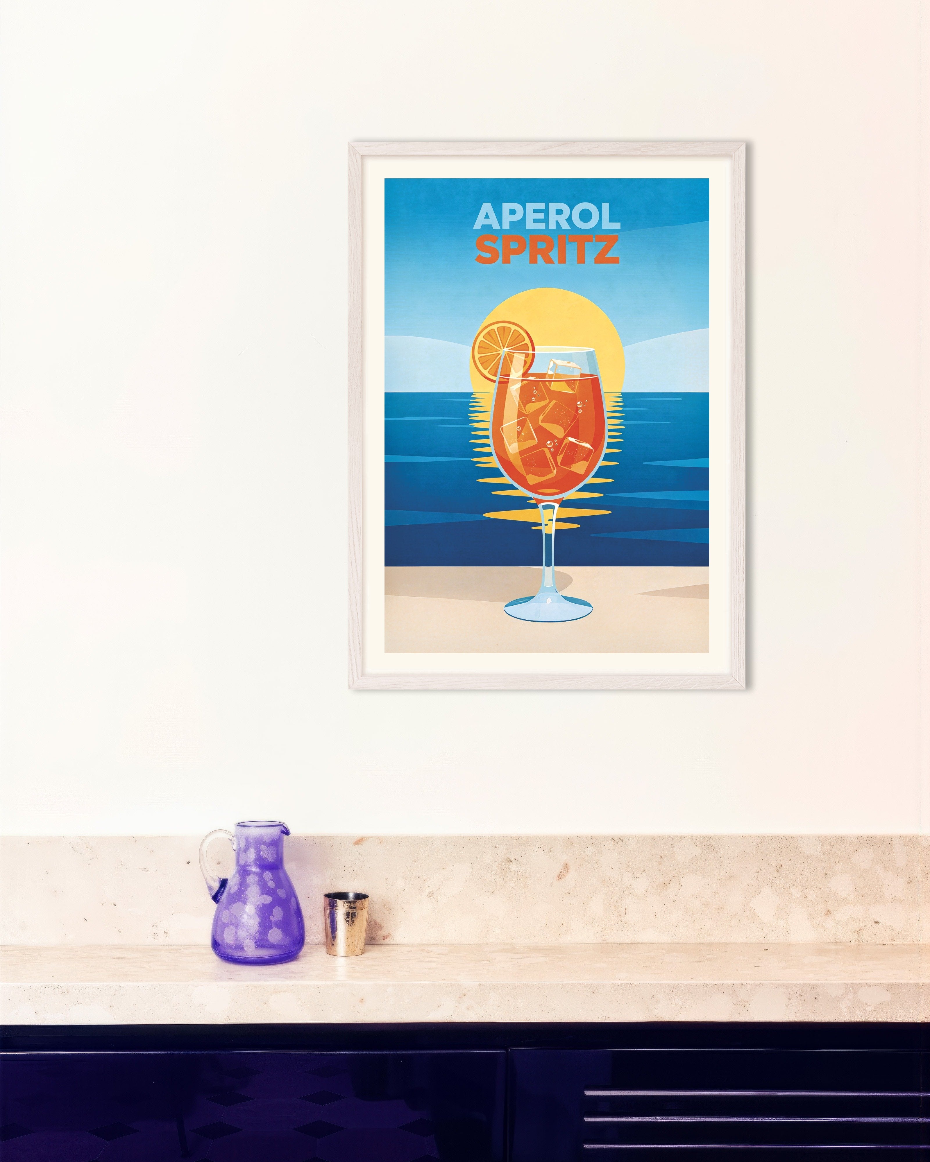 Poster of Aperol Spritz at Sunset - Modern Cocktail Poster, with white wooden frame