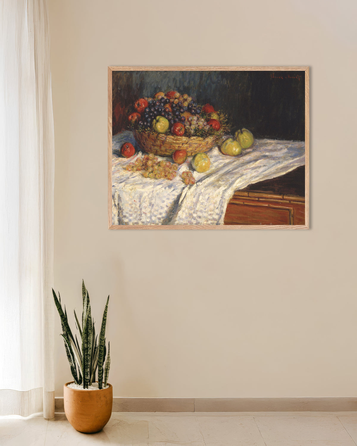 Poster Maçãs e Uvas (1879–1880), de Claude Monet, com moldura de madeira natural